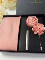 Men’s Blush Pink Satin Tie Gift Set with Pocket Square, Lapel Flower & Tie Clip