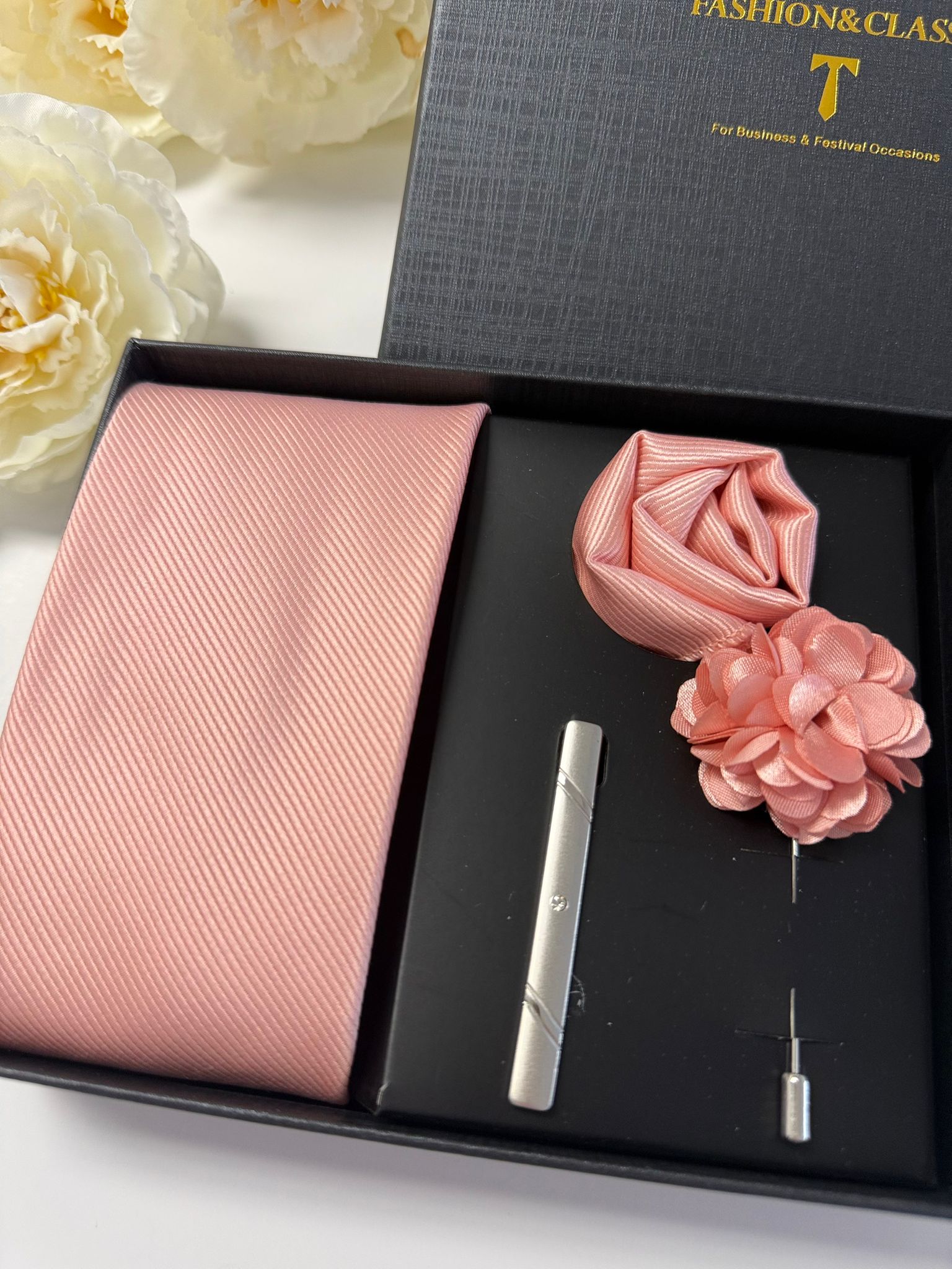 Men’s Blush Pink Satin Tie Gift Set with Pocket Square, Lapel Flower & Tie Clip