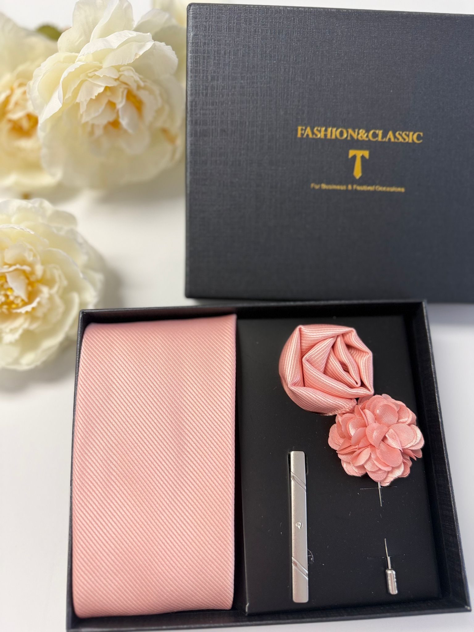 Men’s Blush Pink Satin Tie Gift Set with Pocket Square, Lapel Flower & Tie Clip