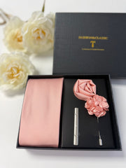Men’s Blush Pink Satin Tie Gift Set with Pocket Square, Lapel Flower & Tie Clip
