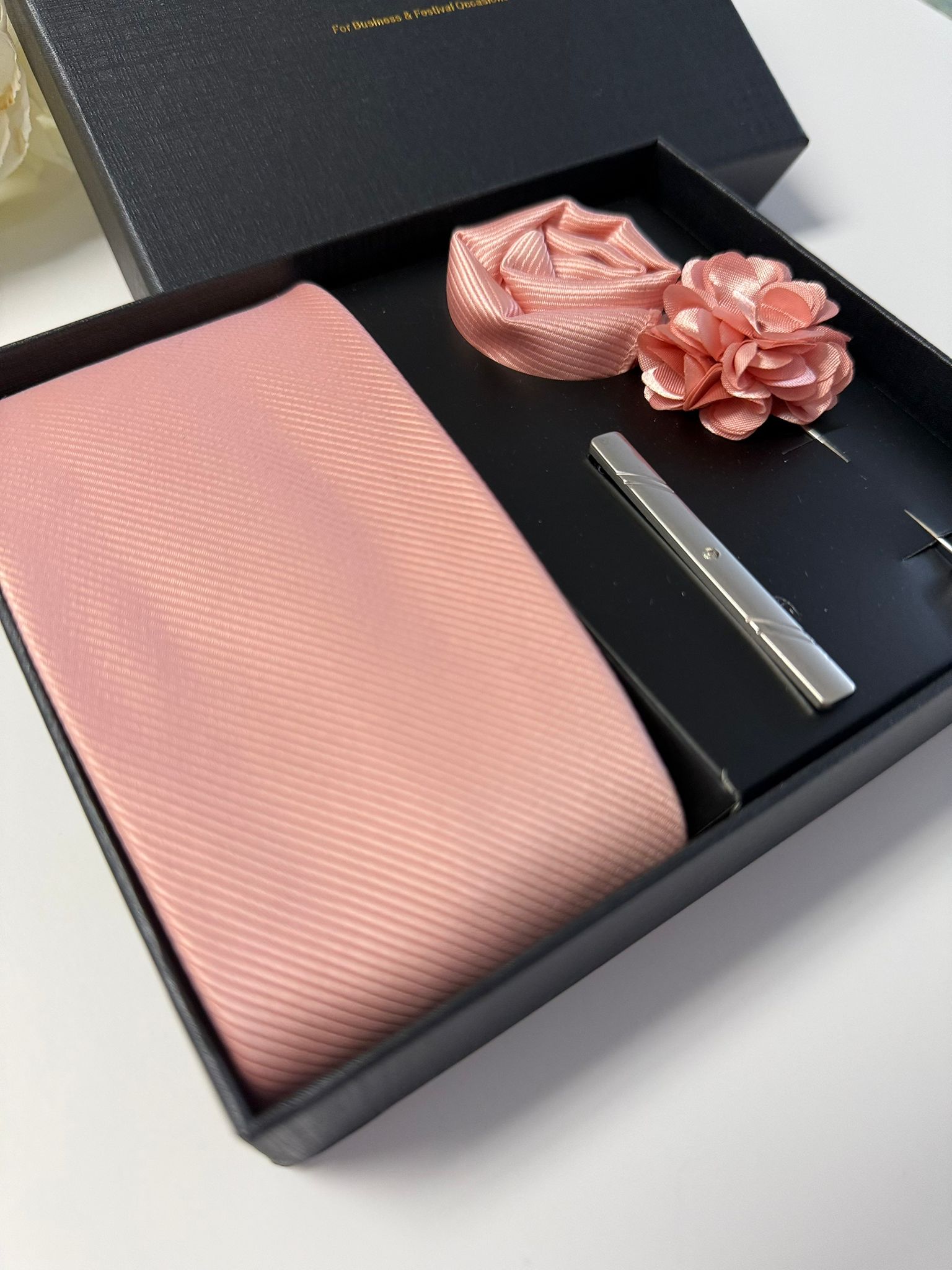 Men’s Blush Pink Satin Tie Gift Set with Pocket Square, Lapel Flower & Tie Clip
