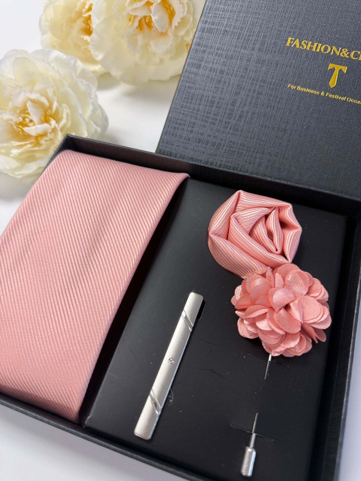 Men’s Blush Pink Satin Tie Gift Set with Pocket Square, Lapel Flower & Tie Clip