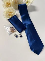 Men’s Royal Blue Satin-Look Tie Set with Pocket Square, Cufflinks & Crown Brooch