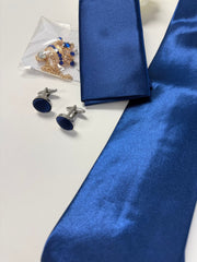 Men’s Royal Blue Satin-Look Tie Set with Pocket Square, Cufflinks & Crown Brooch