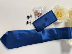 Men’s Royal Blue Satin-Look Tie Set with Pocket Square, Cufflinks & Crown Brooch