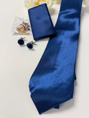 Men’s Royal Blue Satin-Look Tie Set with Pocket Square, Cufflinks & Crown Brooch