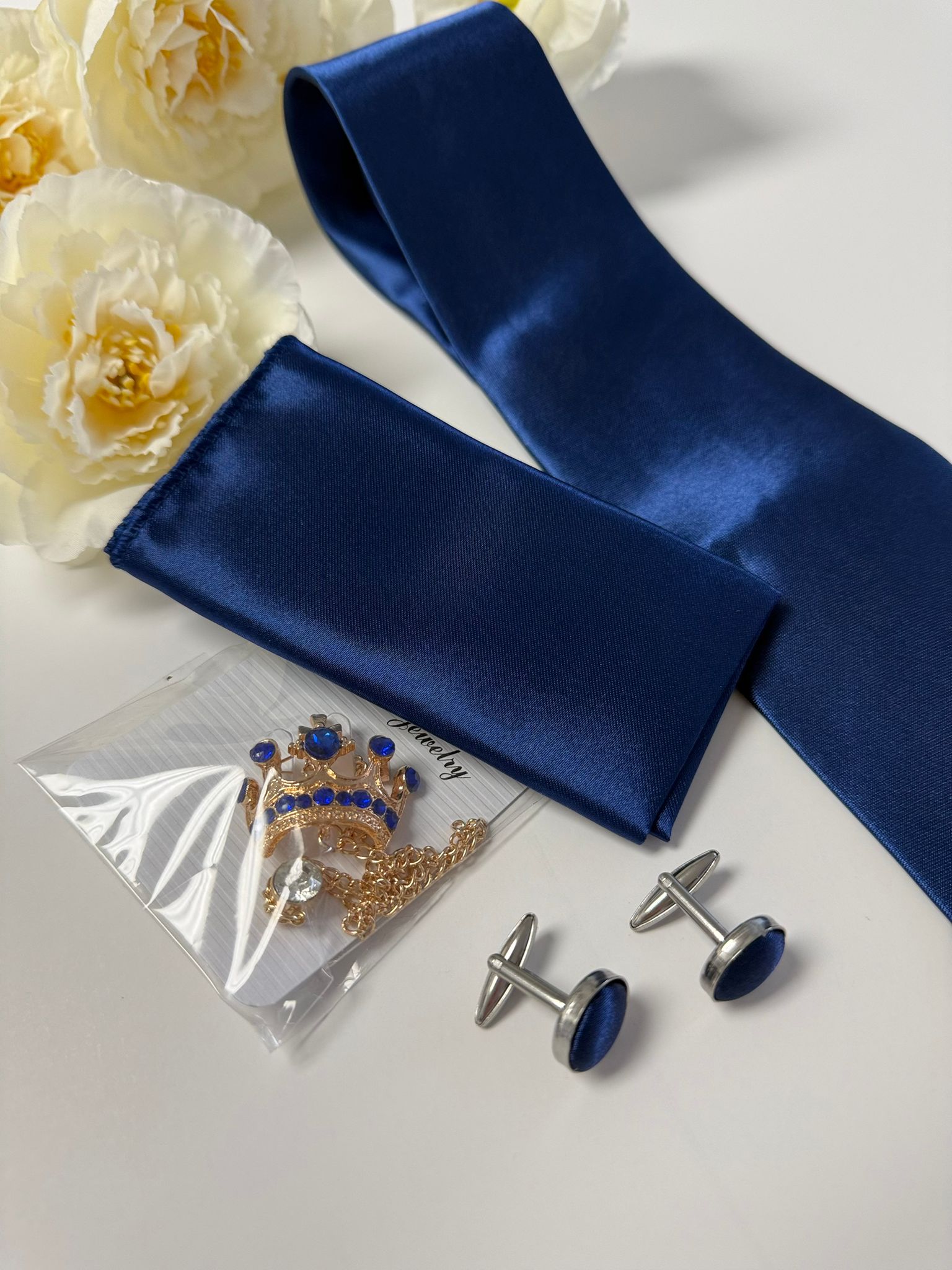 Men’s Royal Blue Satin-Look Tie Set with Pocket Square, Cufflinks & Crown Brooch