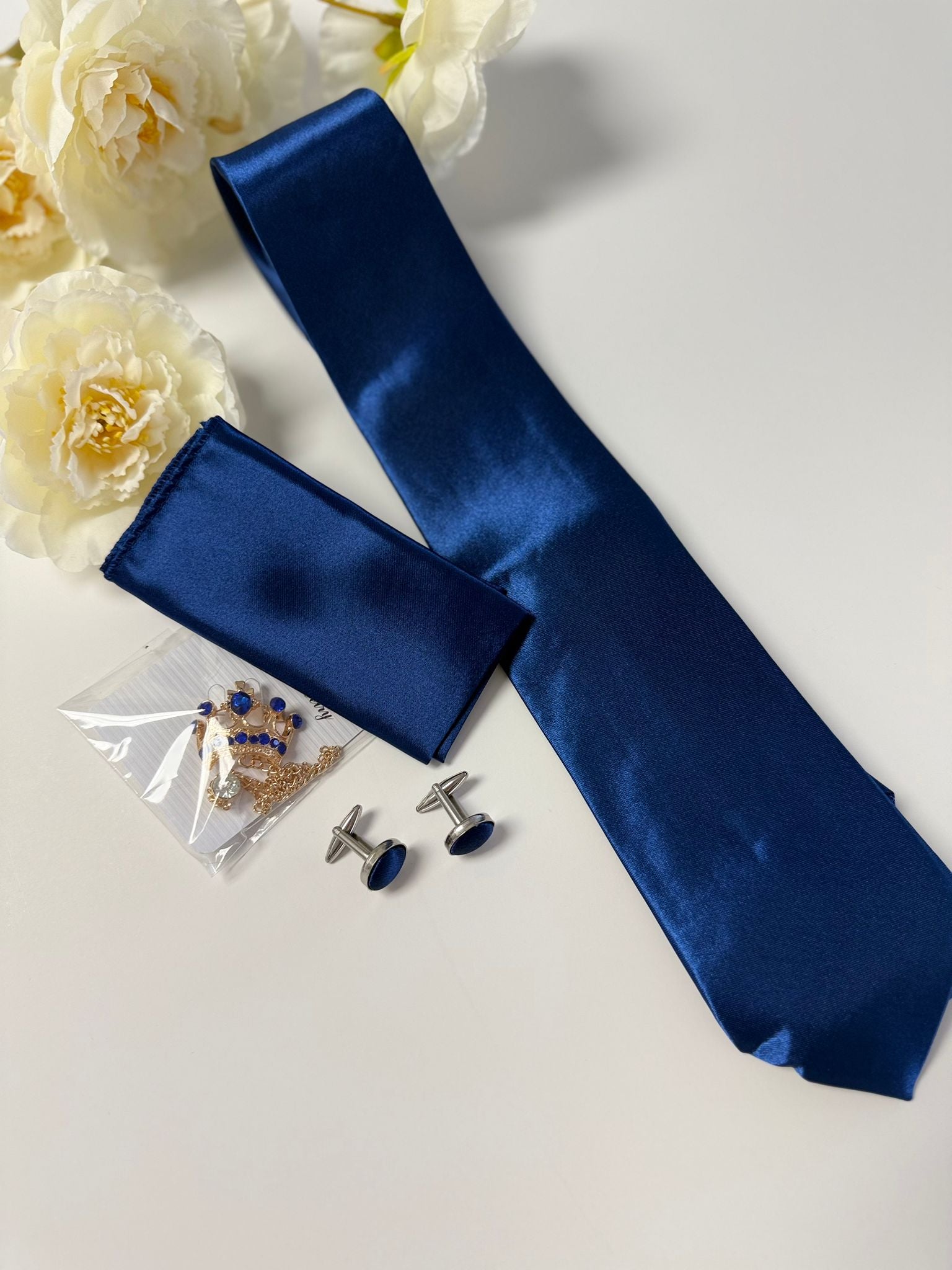 Men’s Royal Blue Satin-Look Tie Set with Pocket Square, Cufflinks & Crown Brooch