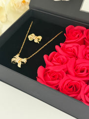 Luxury Rose Jewelry Gift Box Set – Bow Necklace & Earrings