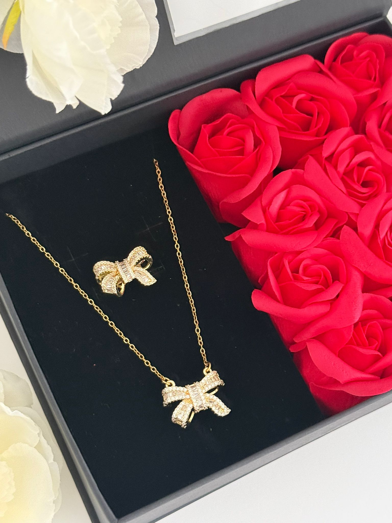 Luxury Rose Jewelry Gift Box Set – Bow Necklace & Earrings