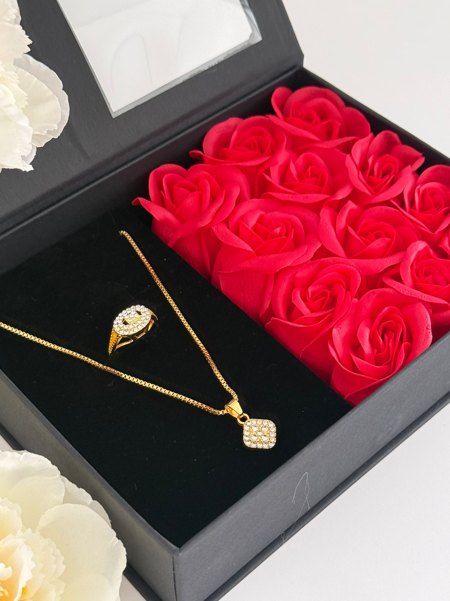 Gold Tone Square Pendant Necklace & Ring Jewelry Gift Set