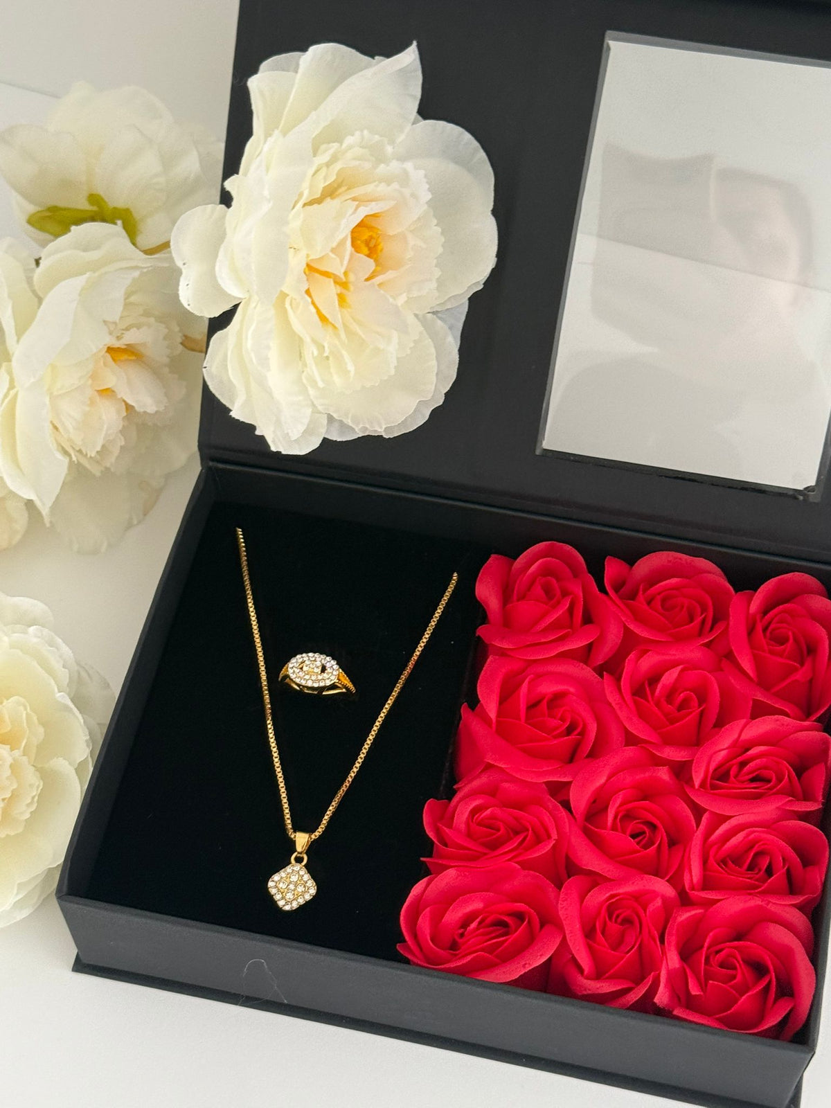 Gold Tone Square Pendant Necklace & Ring Jewelry Gift Set