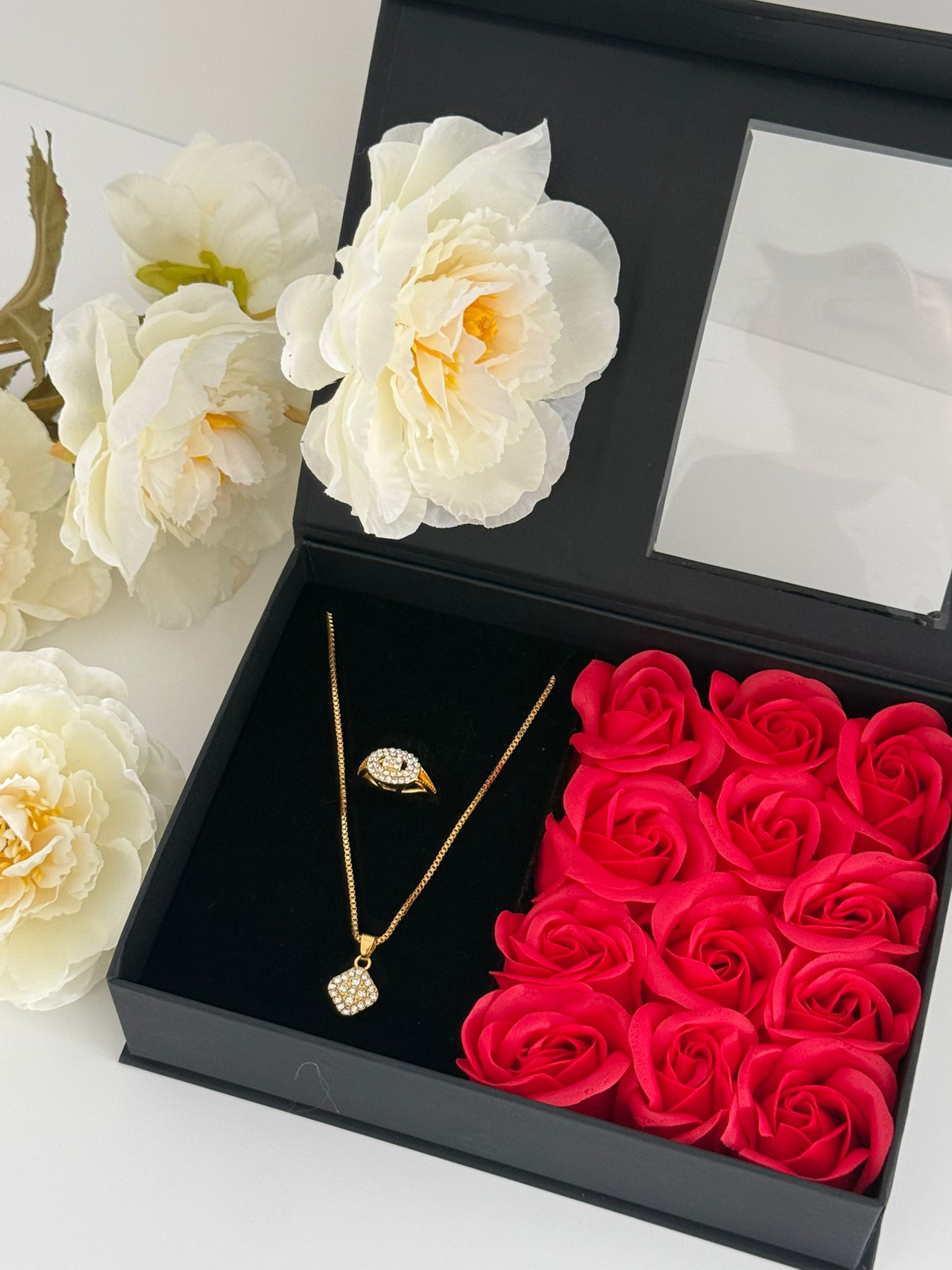 Gold Tone Square Pendant Necklace & Ring Jewelry Gift Set