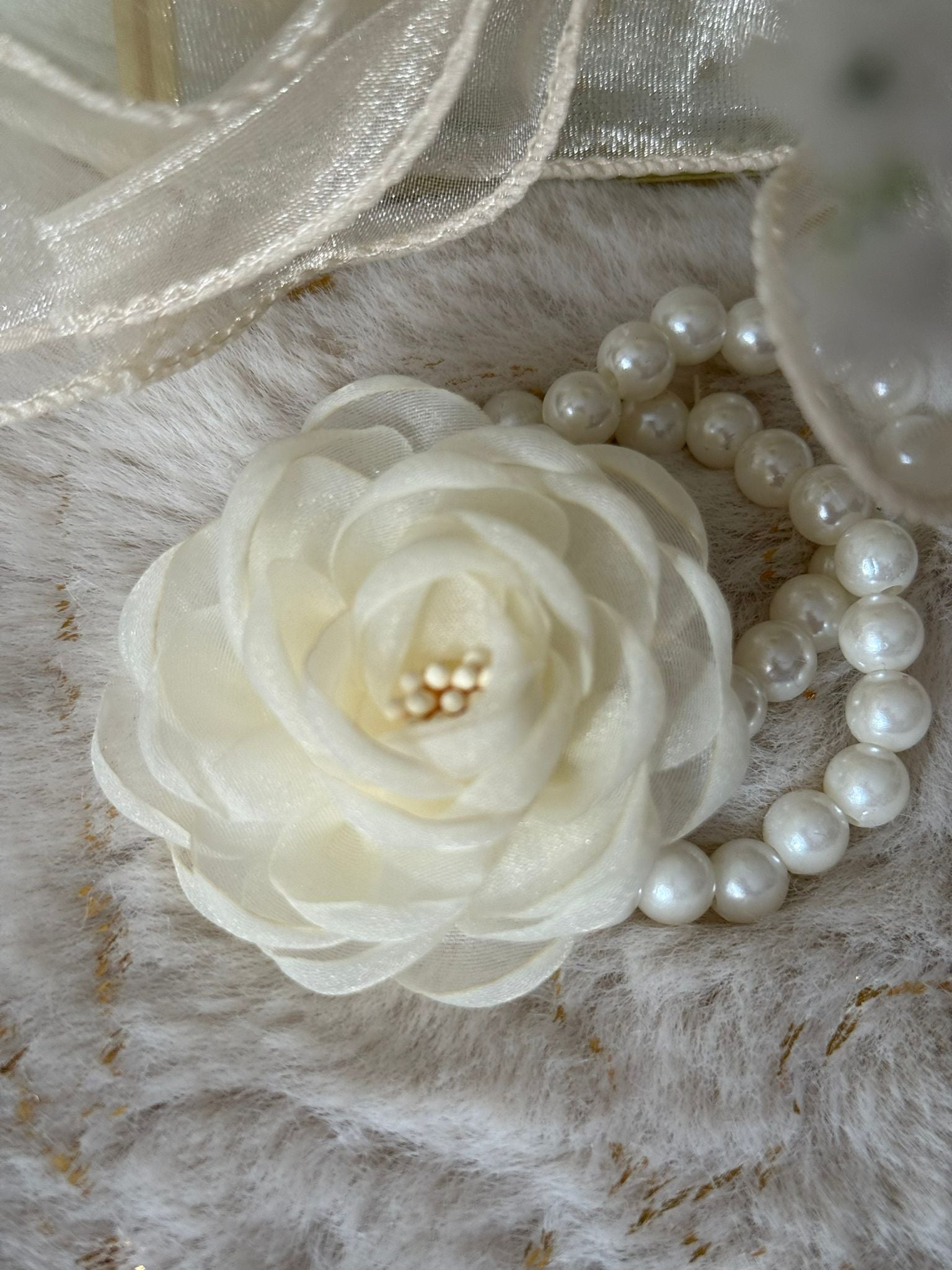 Elegant Ivory Floral Pearl Wrist Corsage Bracelet