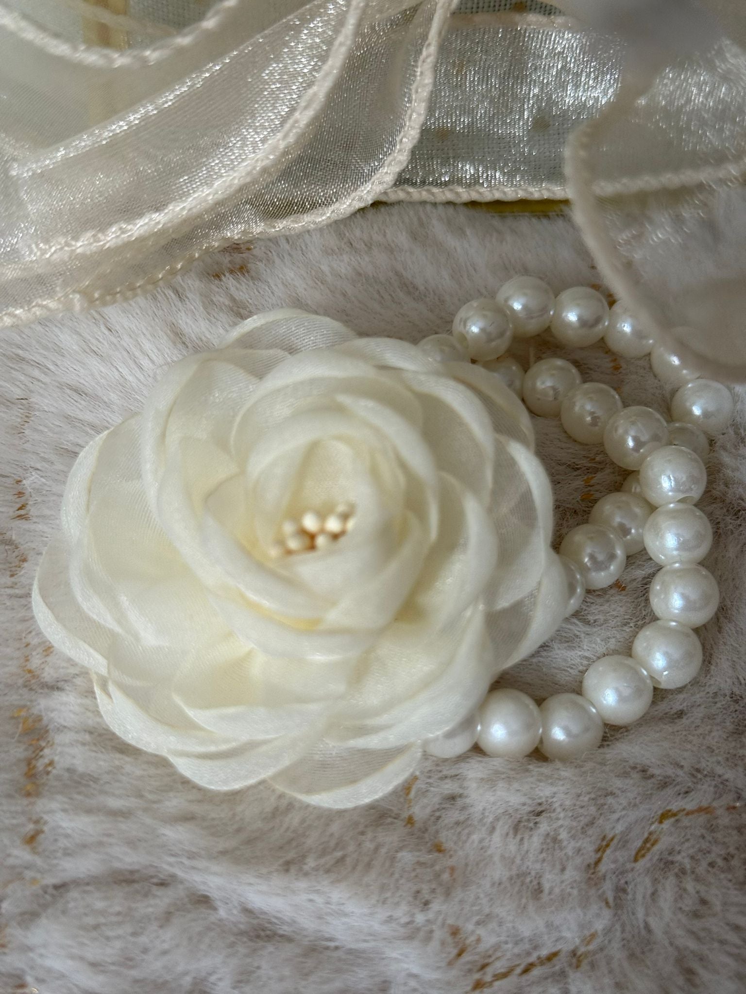 Elegant Ivory Floral Pearl Wrist Corsage Bracelet