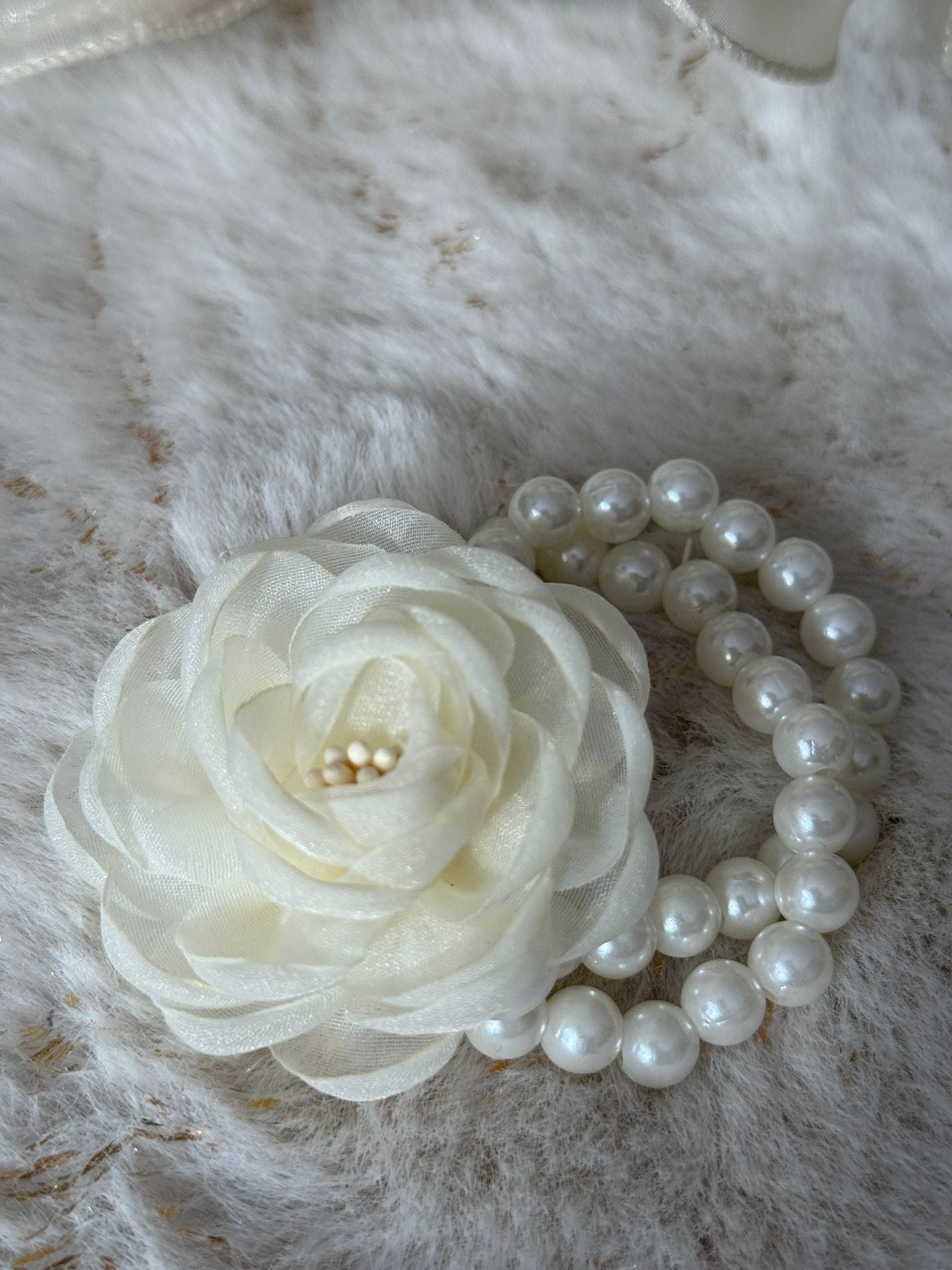 Elegant Ivory Floral Pearl Wrist Corsage Bracelet