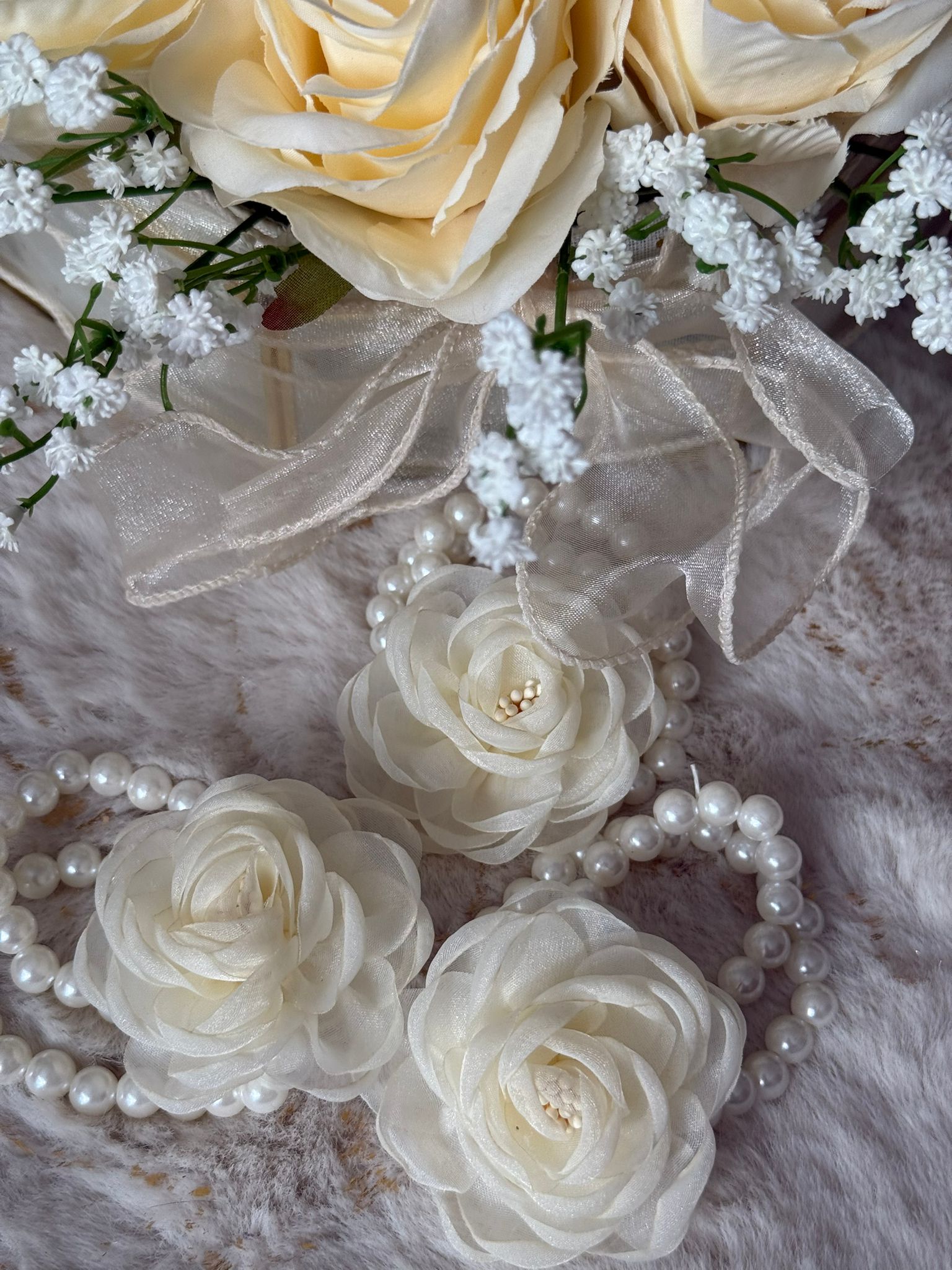 Elegant Ivory Floral Pearl Wrist Corsage Bracelet