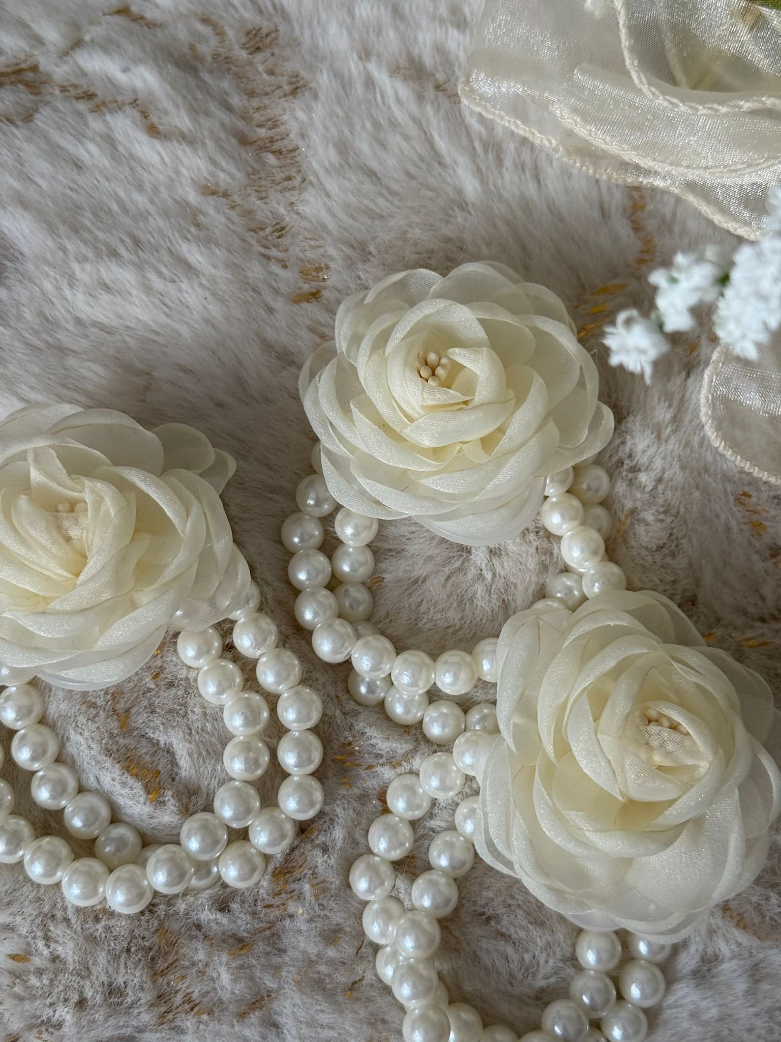 Elegant Ivory Floral Pearl Wrist Corsage Bracelet