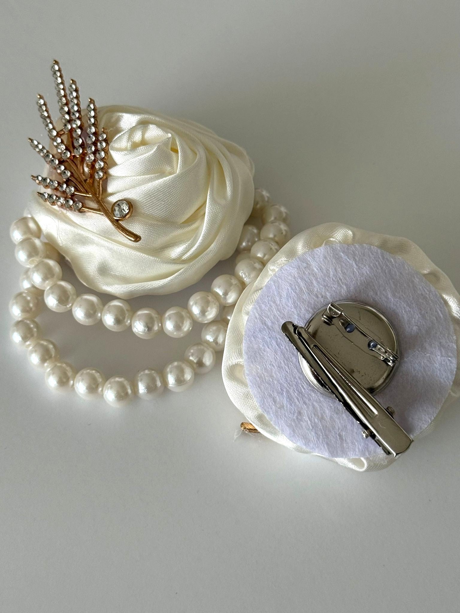Luxury Ivory Satin Rose Wrist Corsage & Matching Rhinestone Lapel Pin Set