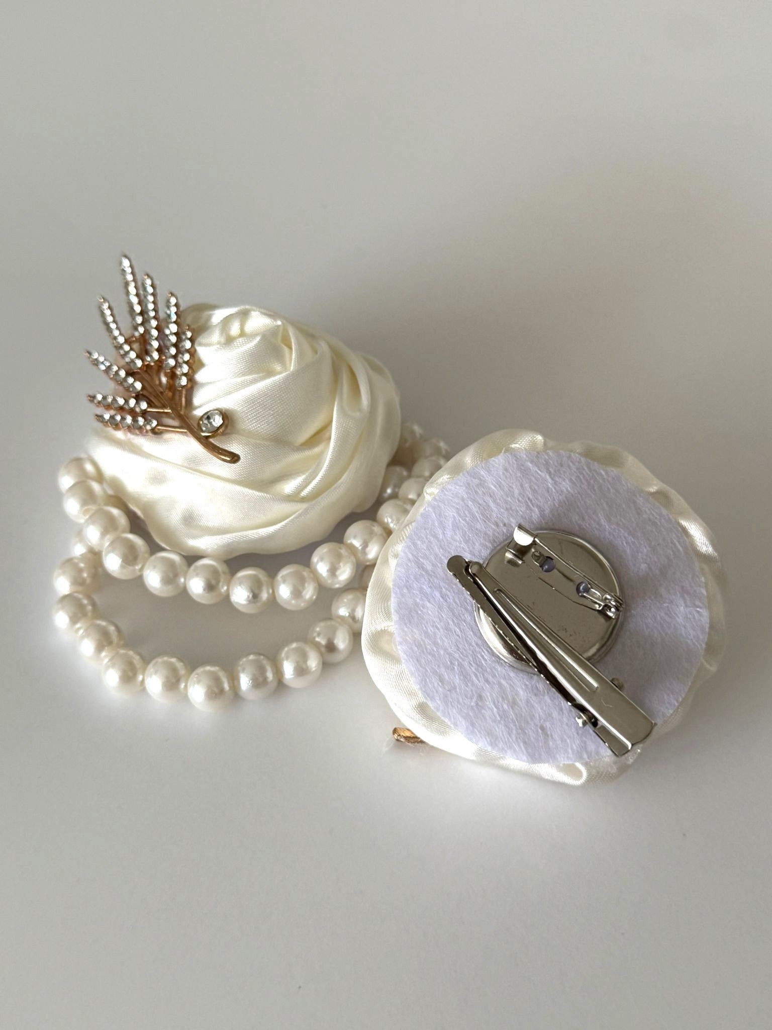 Luxury Ivory Satin Rose Wrist Corsage & Matching Rhinestone Lapel Pin Set