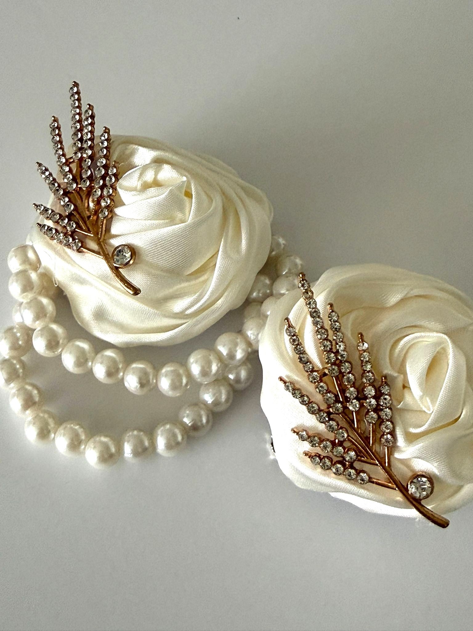 Luxury Ivory Satin Rose Wrist Corsage & Matching Rhinestone Lapel Pin Set