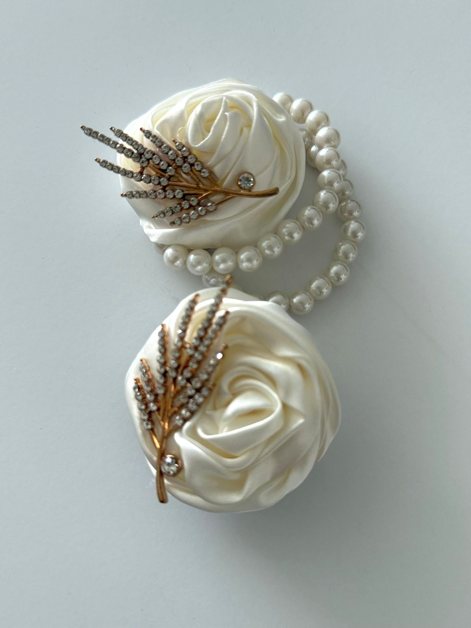 Luxury Ivory Satin Rose Wrist Corsage & Matching Rhinestone Lapel Pin Set