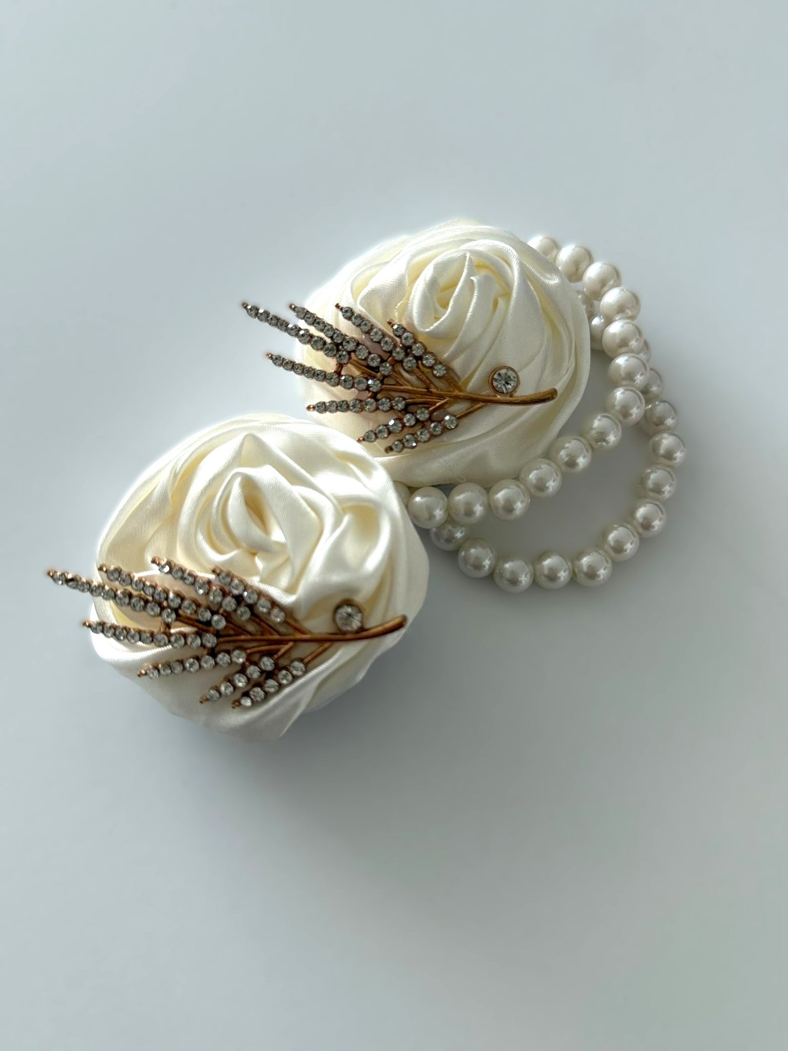 Luxury Ivory Satin Rose Wrist Corsage & Matching Rhinestone Lapel Pin Set