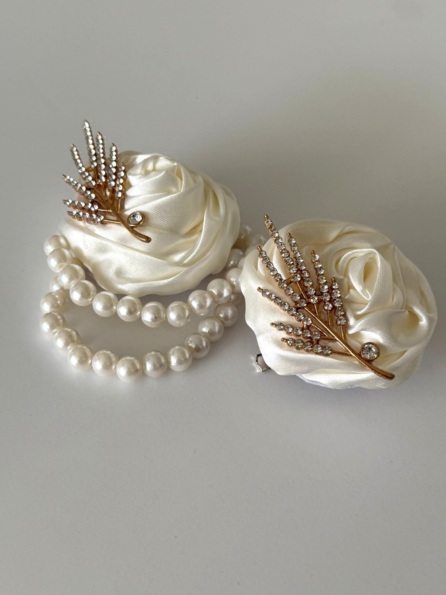 Luxury Ivory Satin Rose Wrist Corsage & Matching Rhinestone Lapel Pin Set