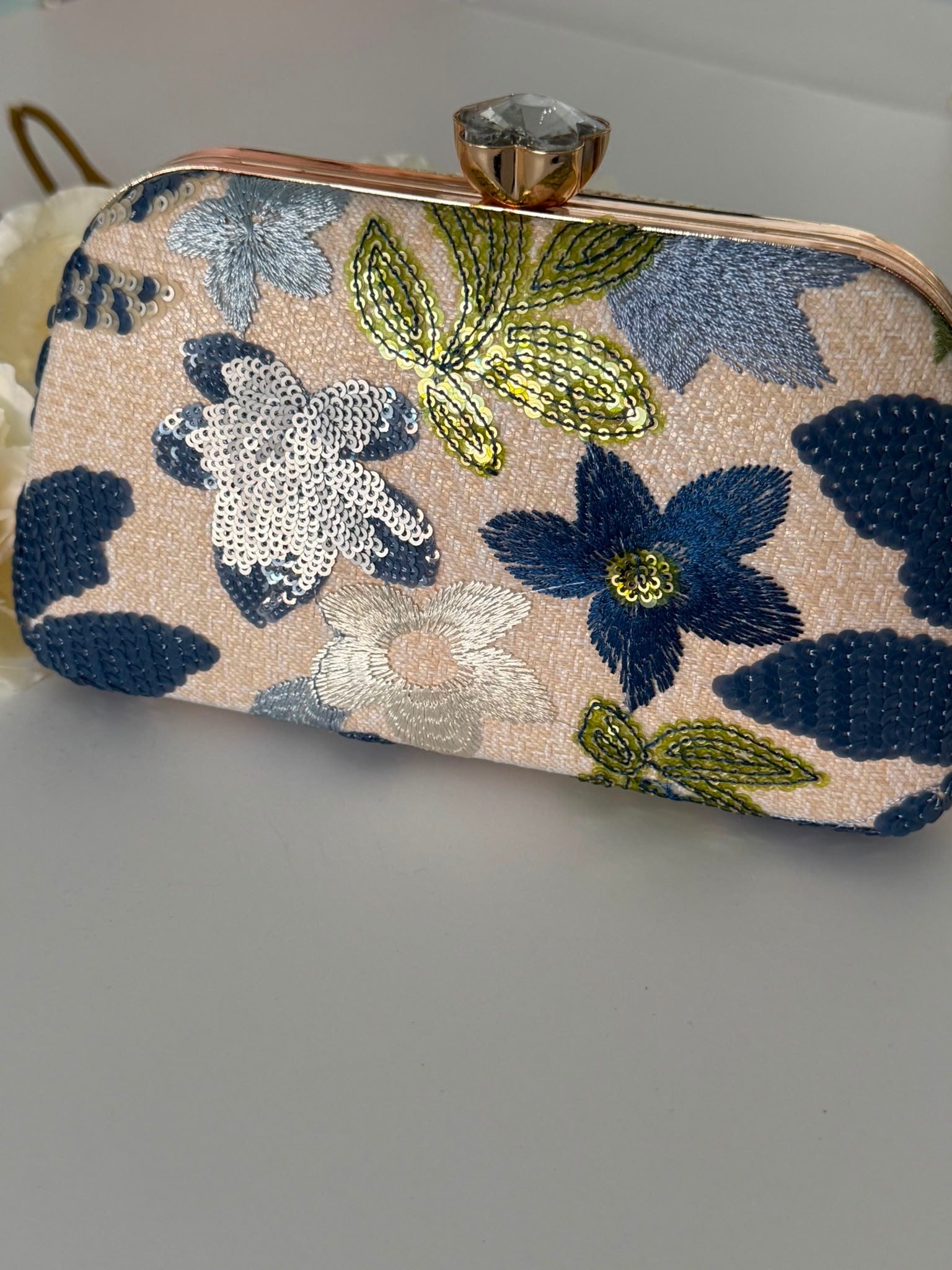 Blue Floral Embroidered Evening Clutch