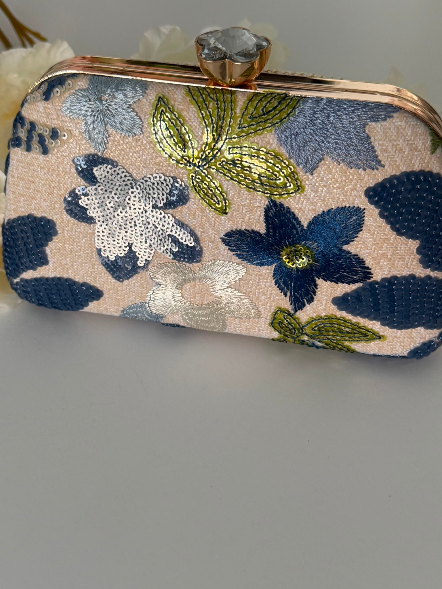 Blue Floral Embroidered Evening Clutch