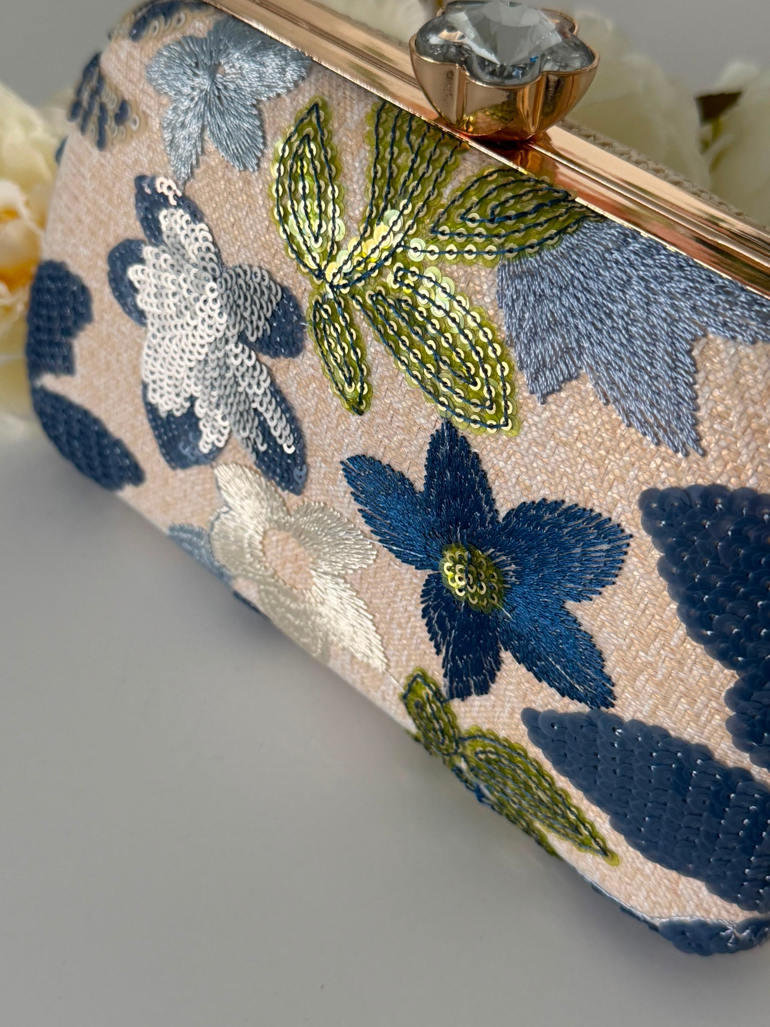 Blue Floral Embroidered Evening Clutch