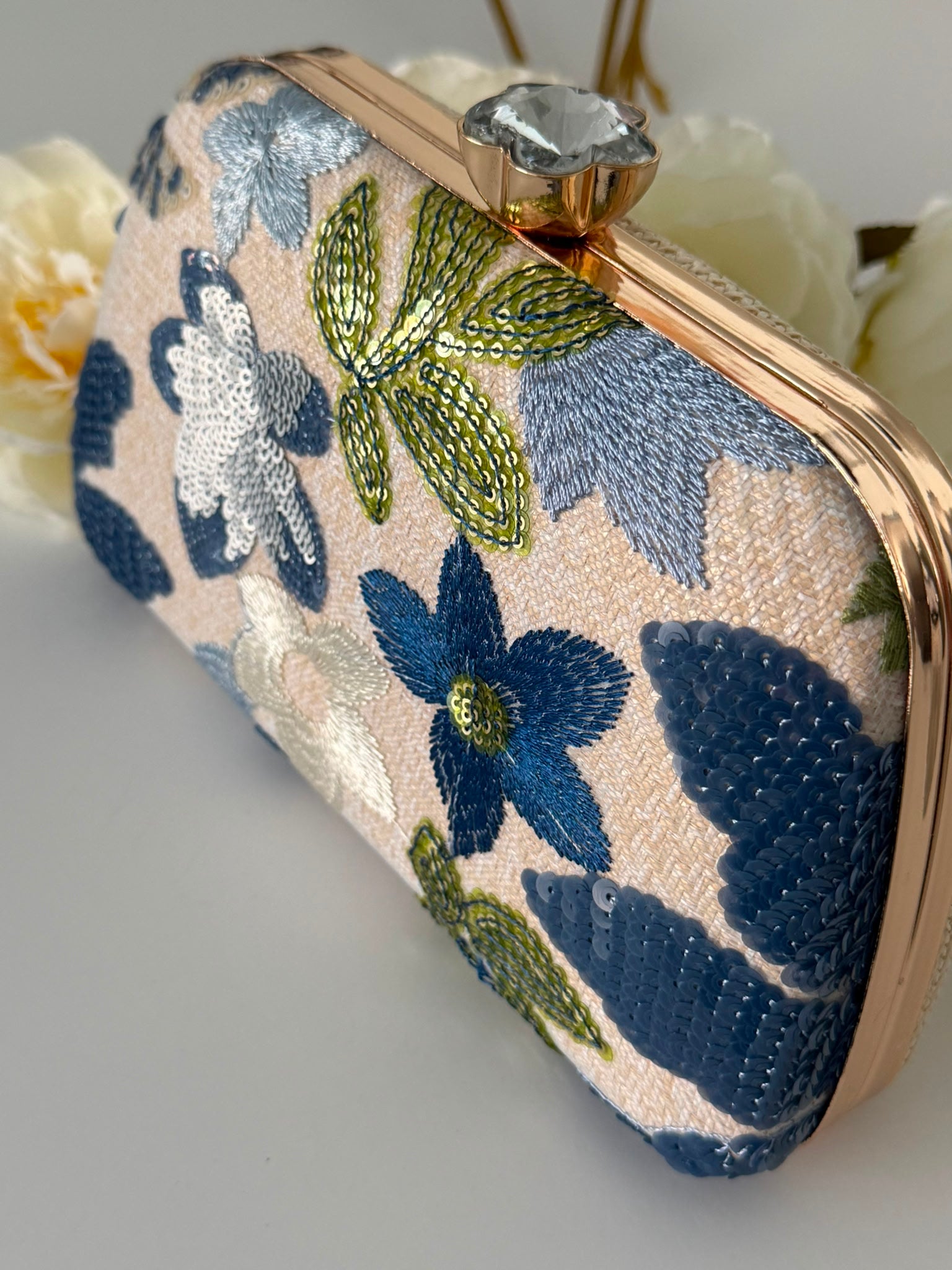 Blue Floral Embroidered Evening Clutch
