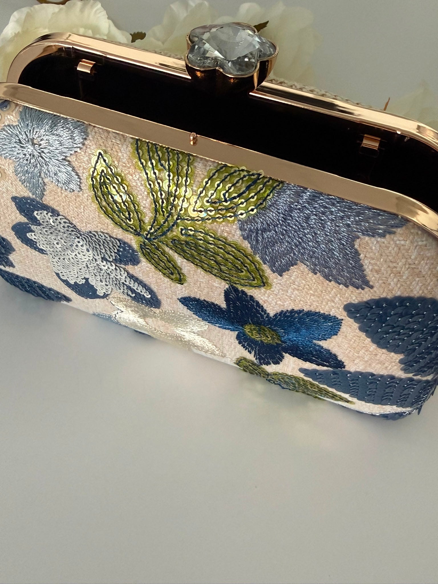Blue Floral Embroidered Evening Clutch