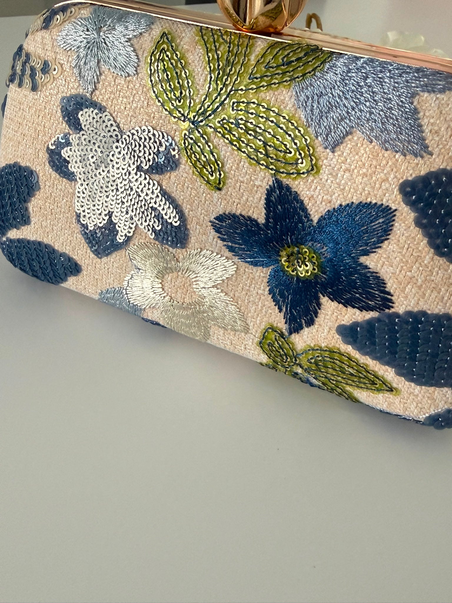 Blue Floral Embroidered Evening Clutch