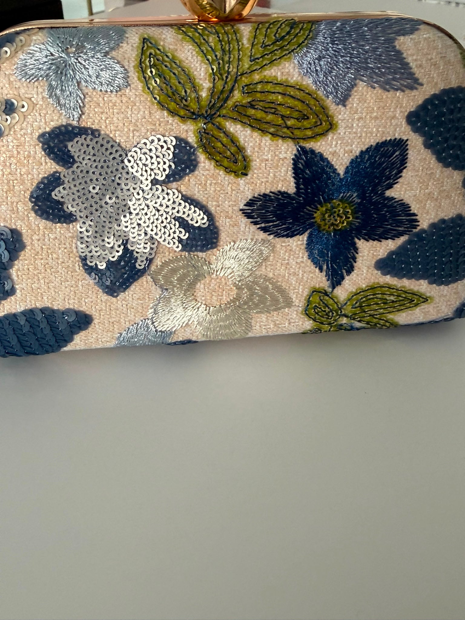 Blue Floral Embroidered Evening Clutch