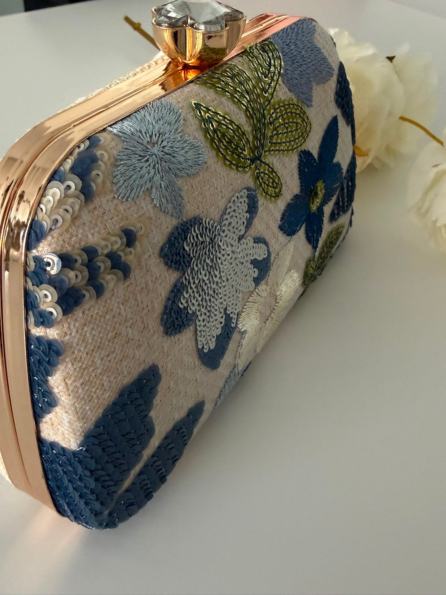 Blue Floral Embroidered Evening Clutch