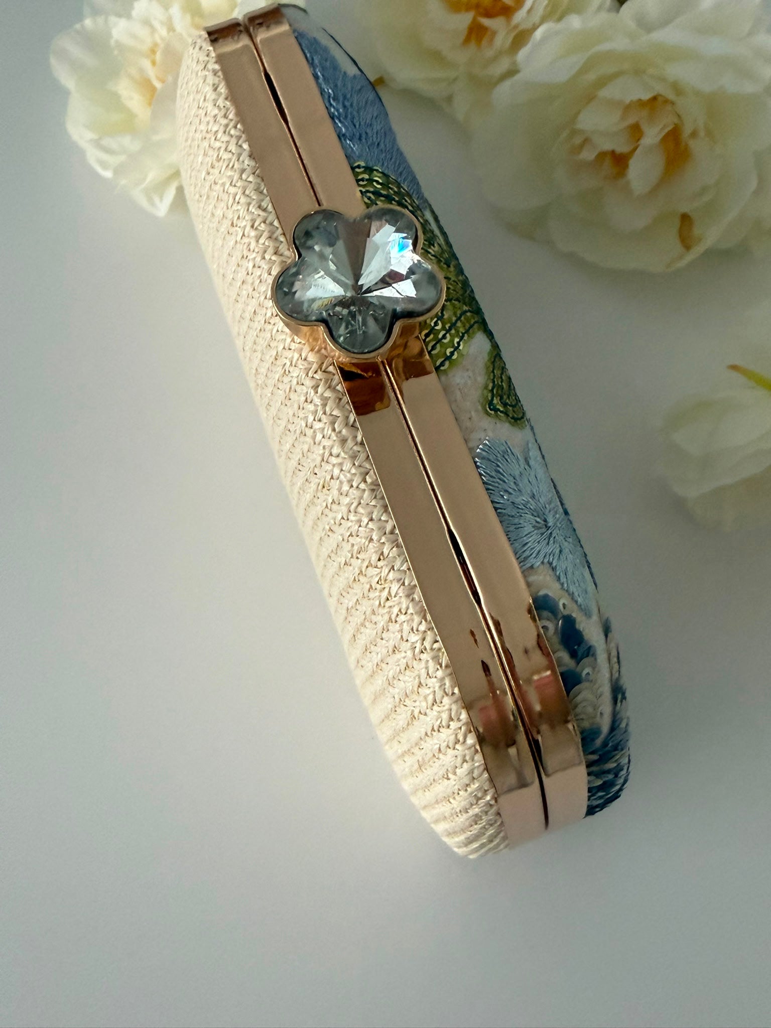 Blue Floral Embroidered Evening Clutch