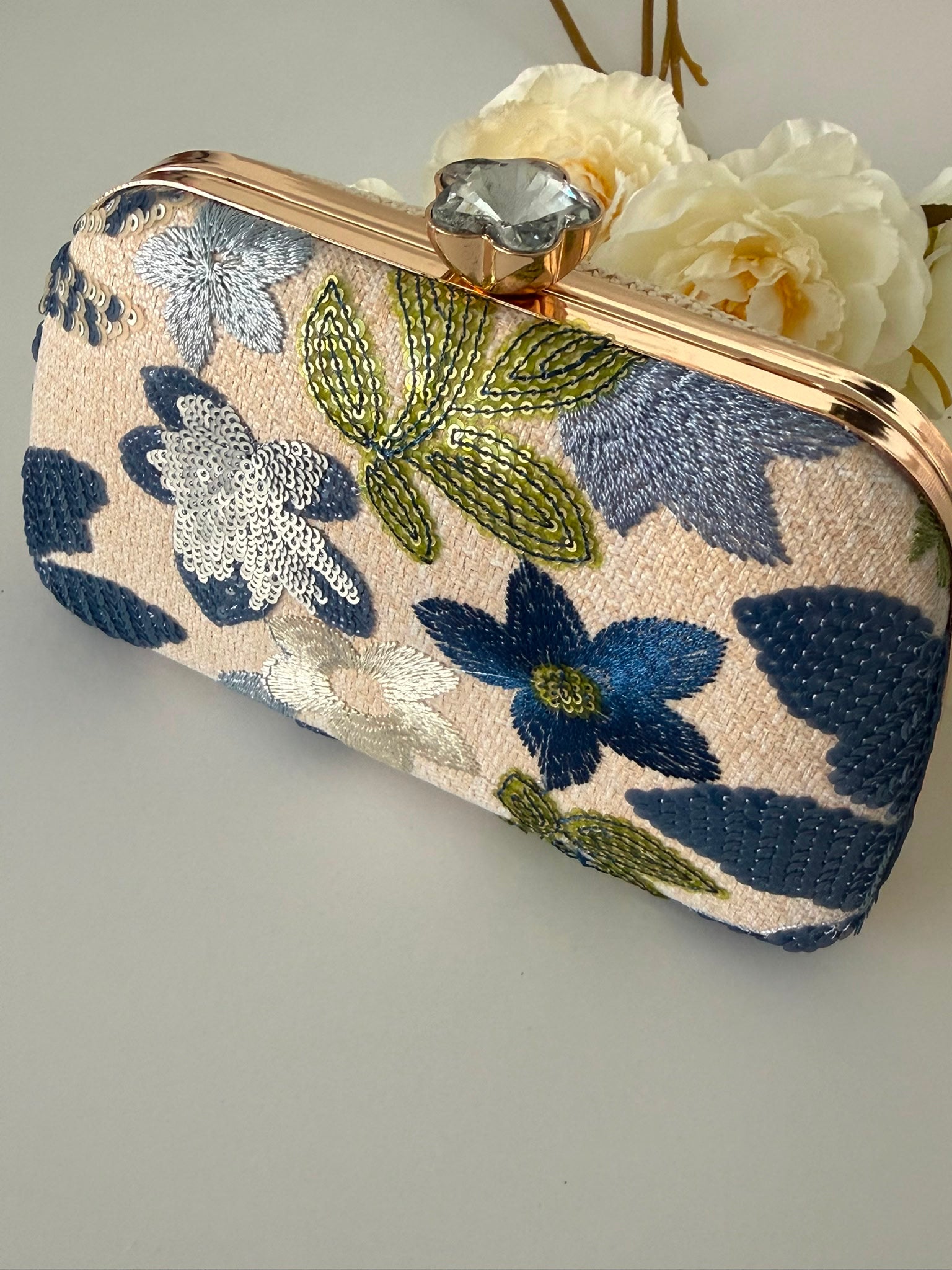 Blue Floral Embroidered Evening Clutch