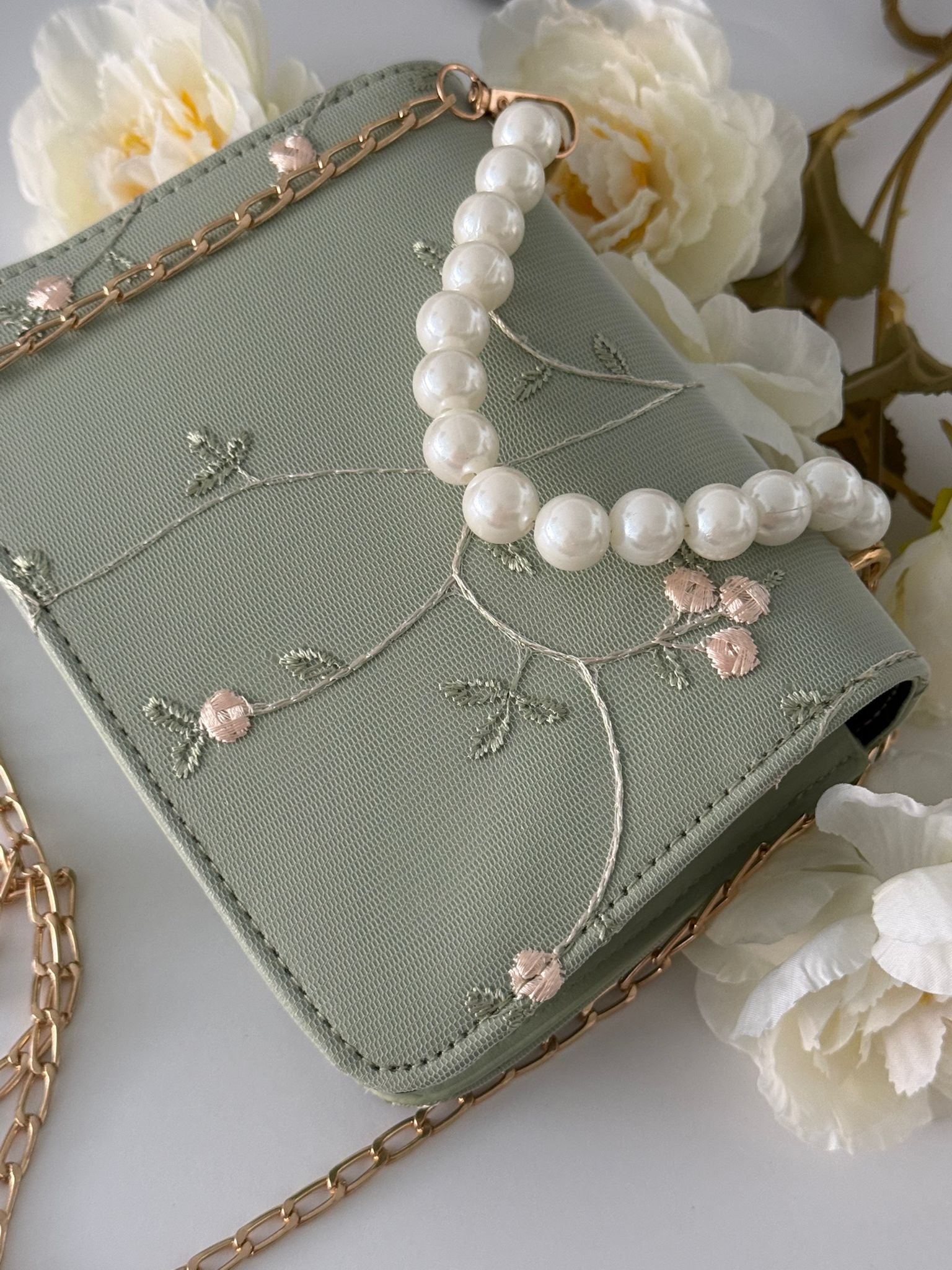 Mint Green Floral Embroidered Handbag with Pearl Handle