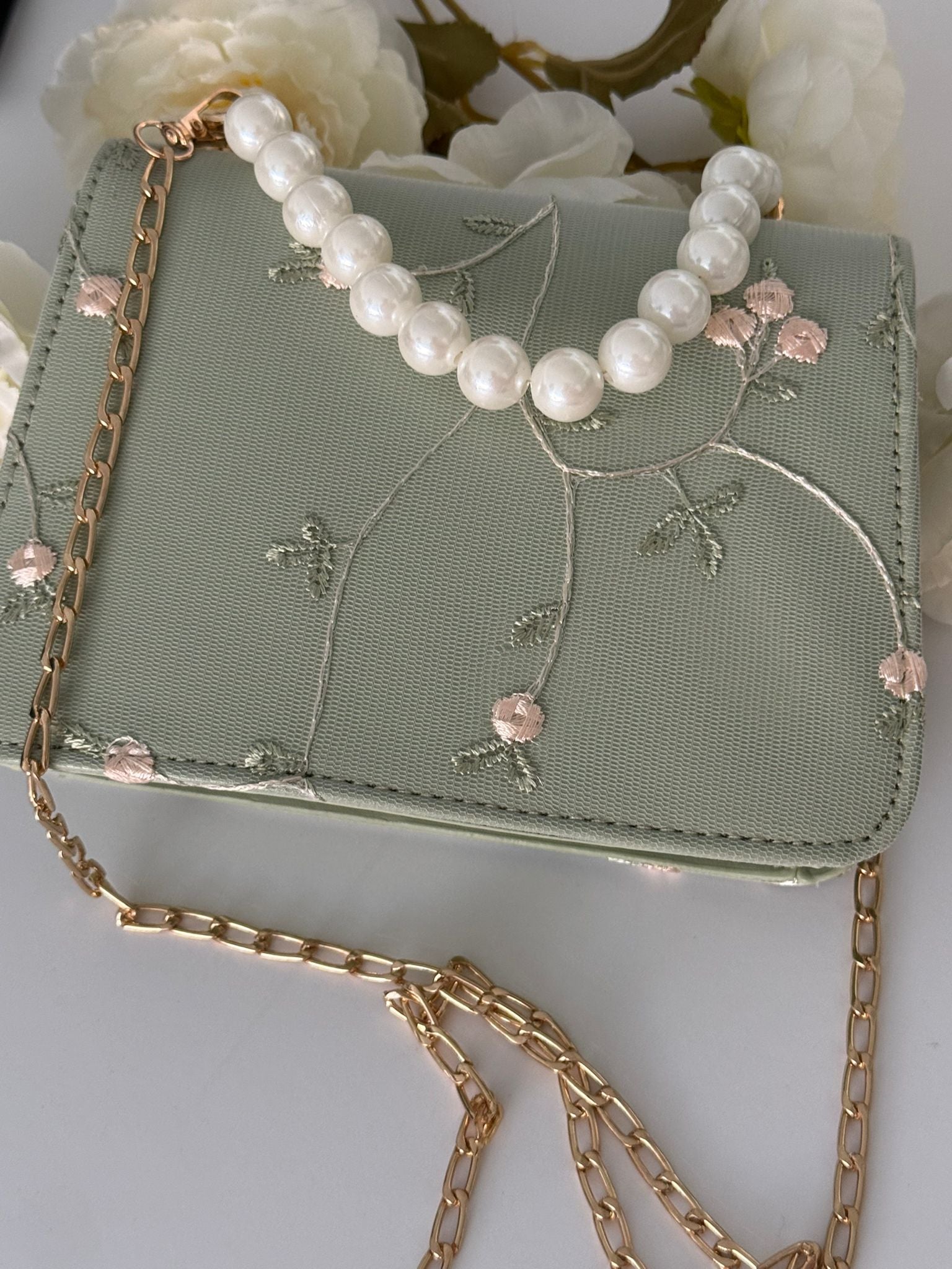 Mint Green Floral Embroidered Handbag with Pearl Handle