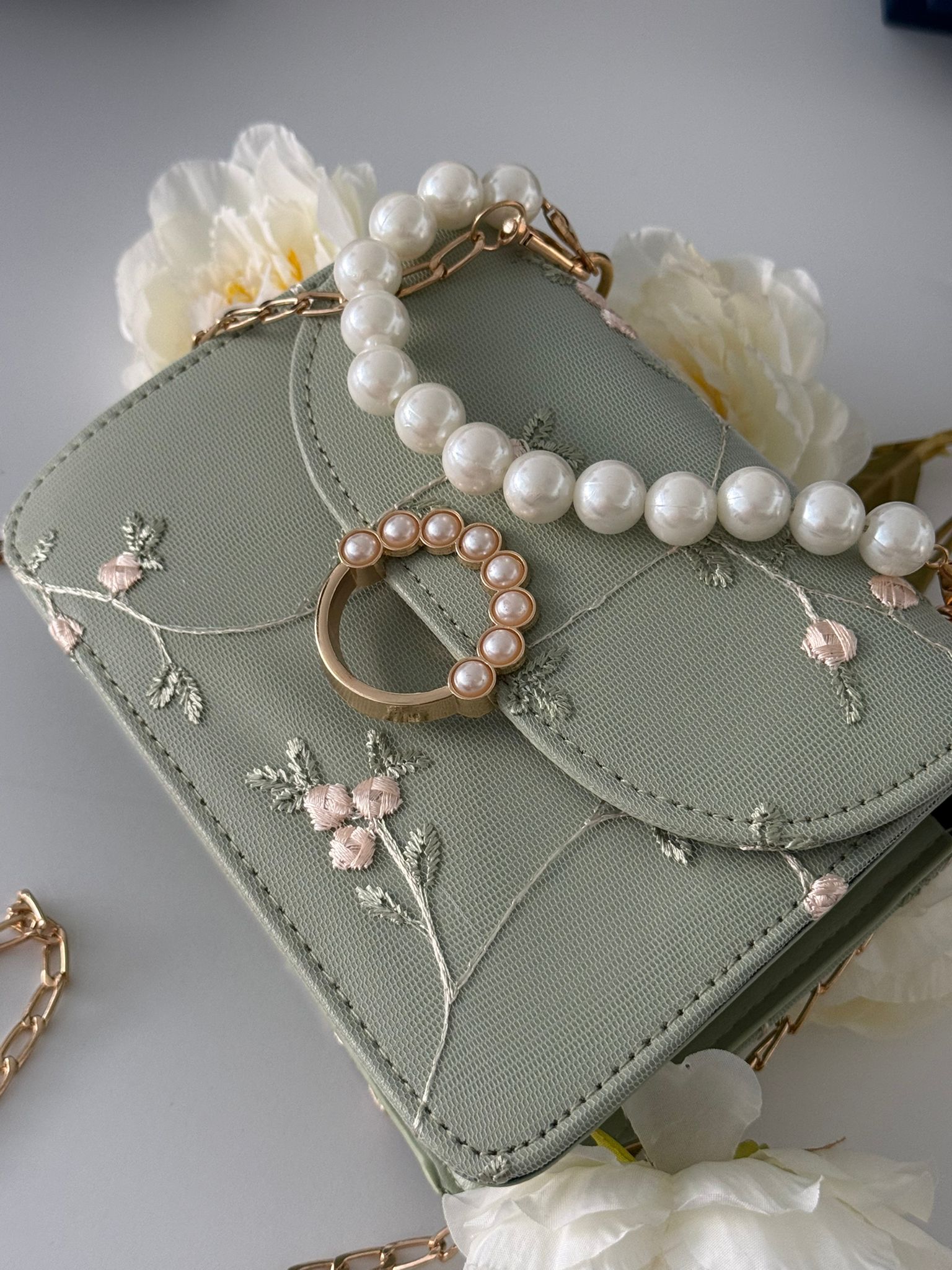 Mint Green Floral Embroidered Handbag with Pearl Handle