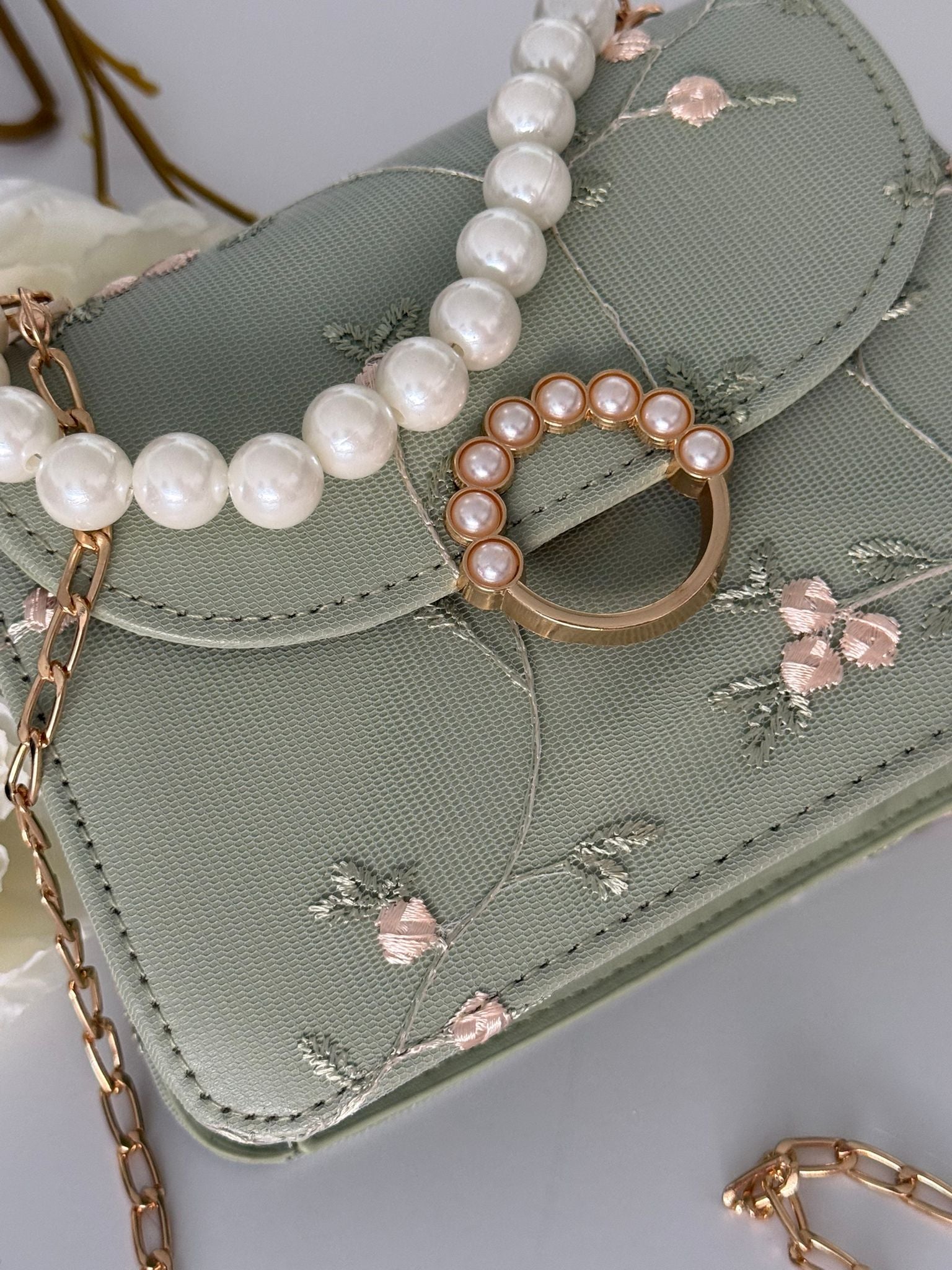 Mint Green Floral Embroidered Handbag with Pearl Handle