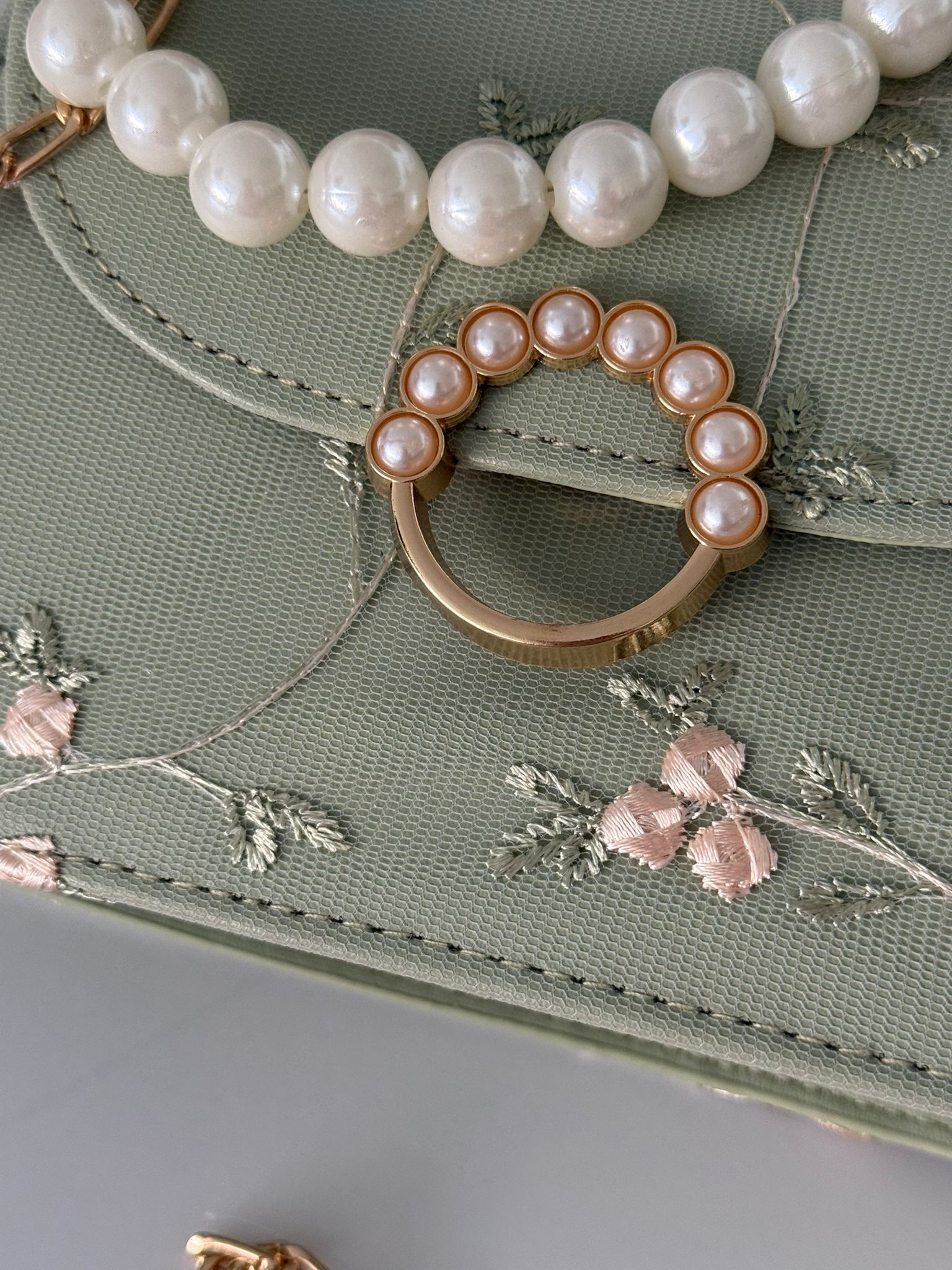 Mint Green Floral Embroidered Handbag with Pearl Handle