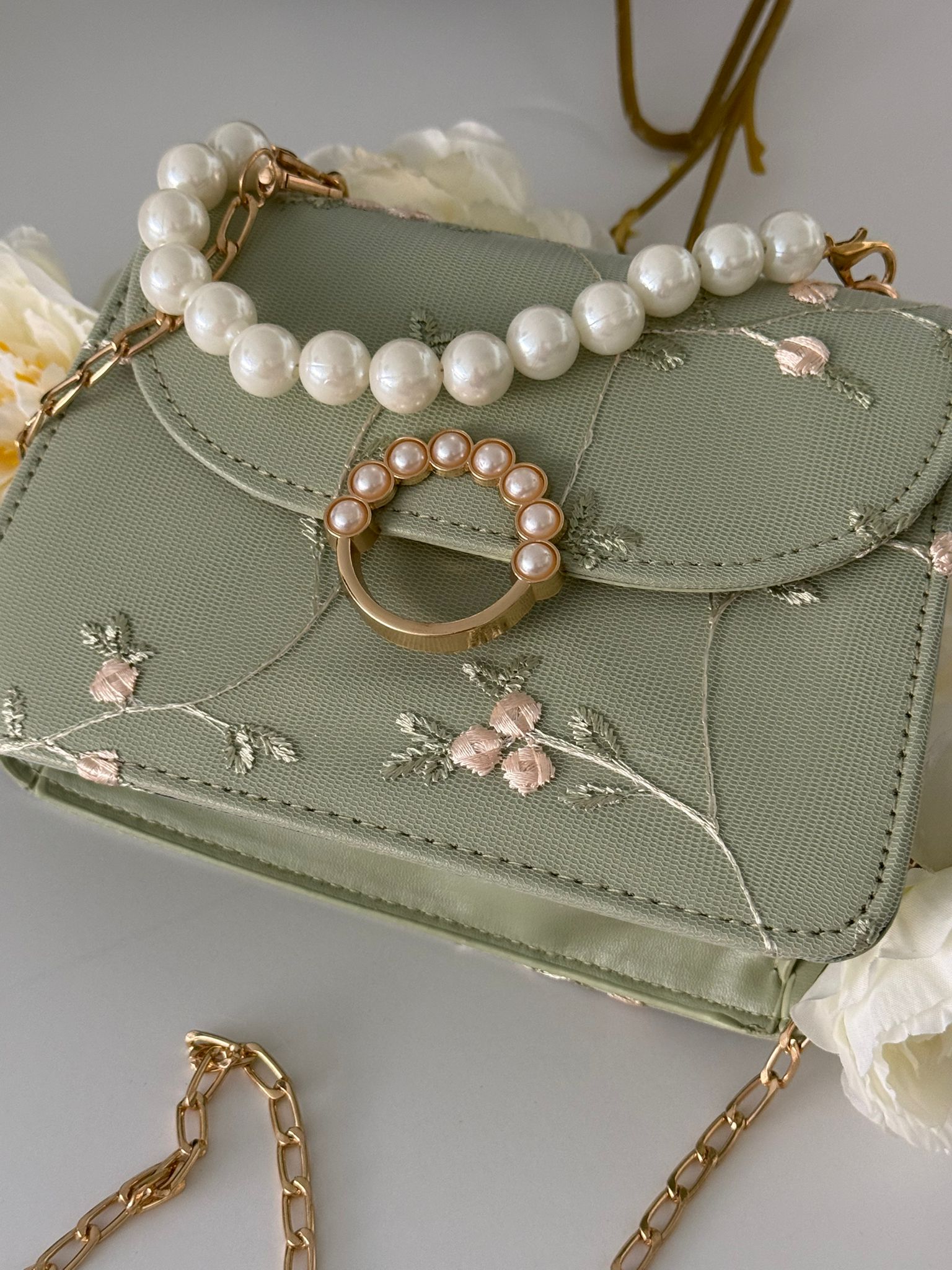 Mint Green Floral Embroidered Handbag with Pearl Handle