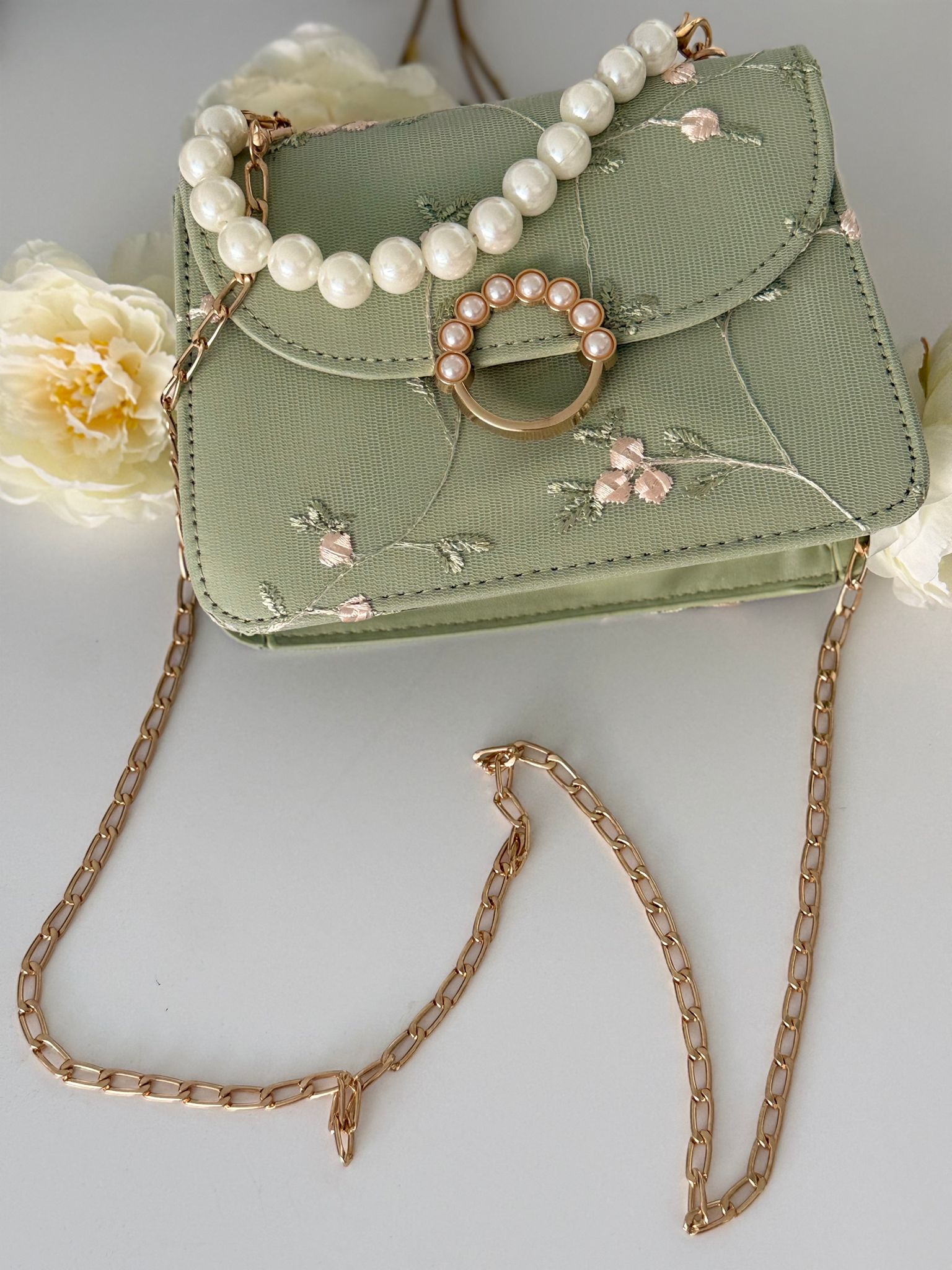 Mint Green Floral Embroidered Handbag with Pearl Handle