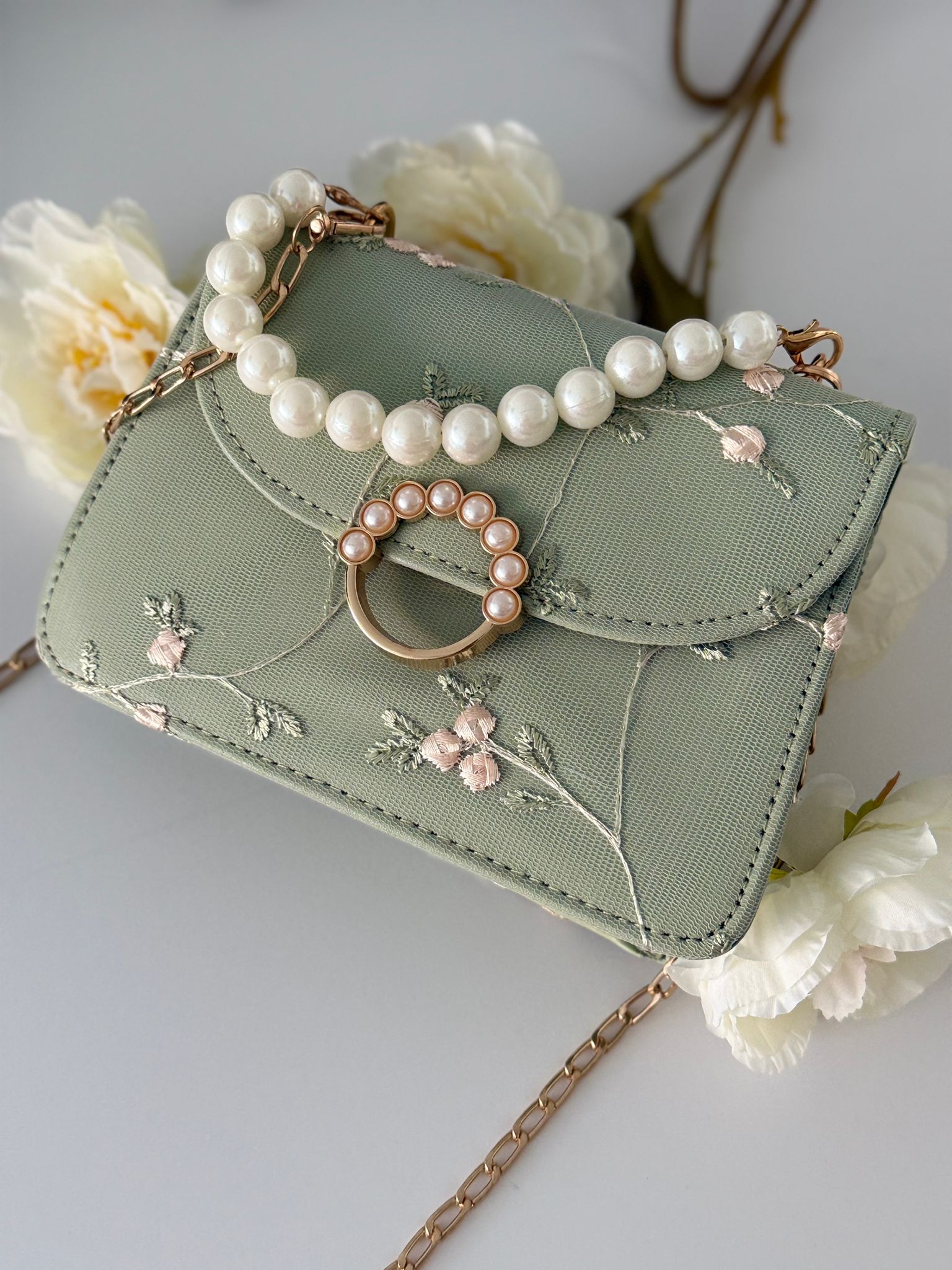 Mint Green Floral Embroidered Handbag with Pearl Handle