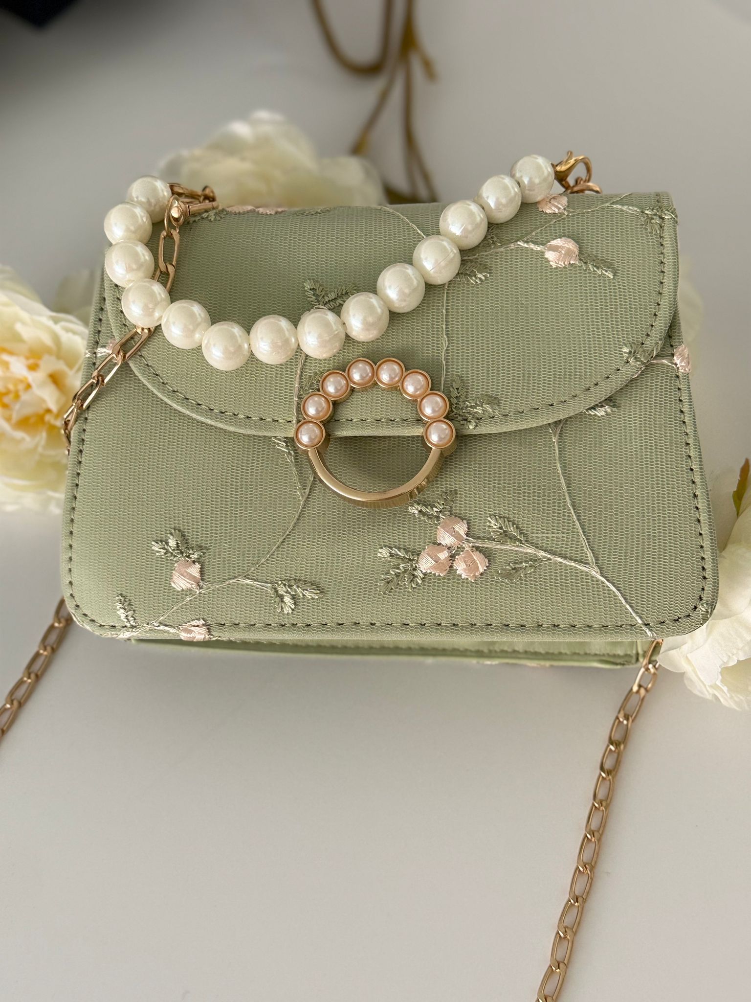 Mint Green Floral Embroidered Handbag with Pearl Handle