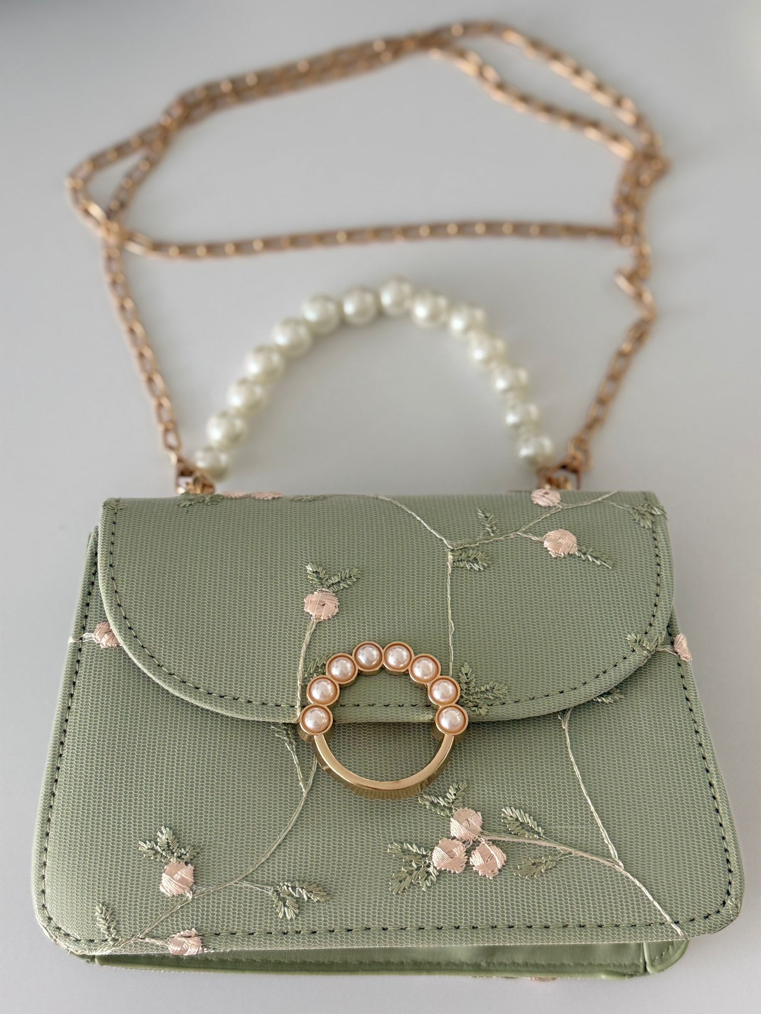 Mint Green Floral Embroidered Handbag with Pearl Handle