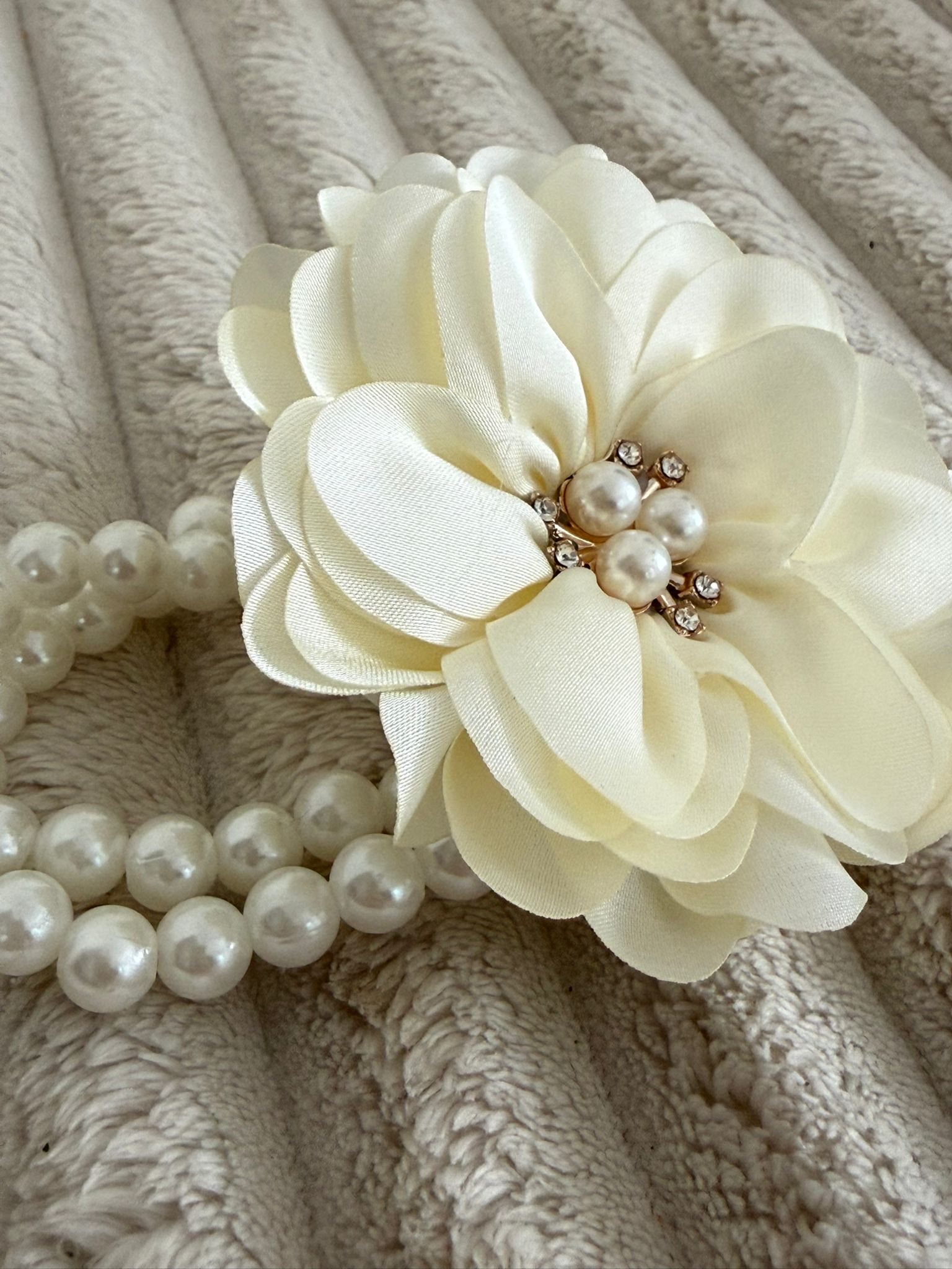 Ivory Flower Wrist Corsage with Pearl Band