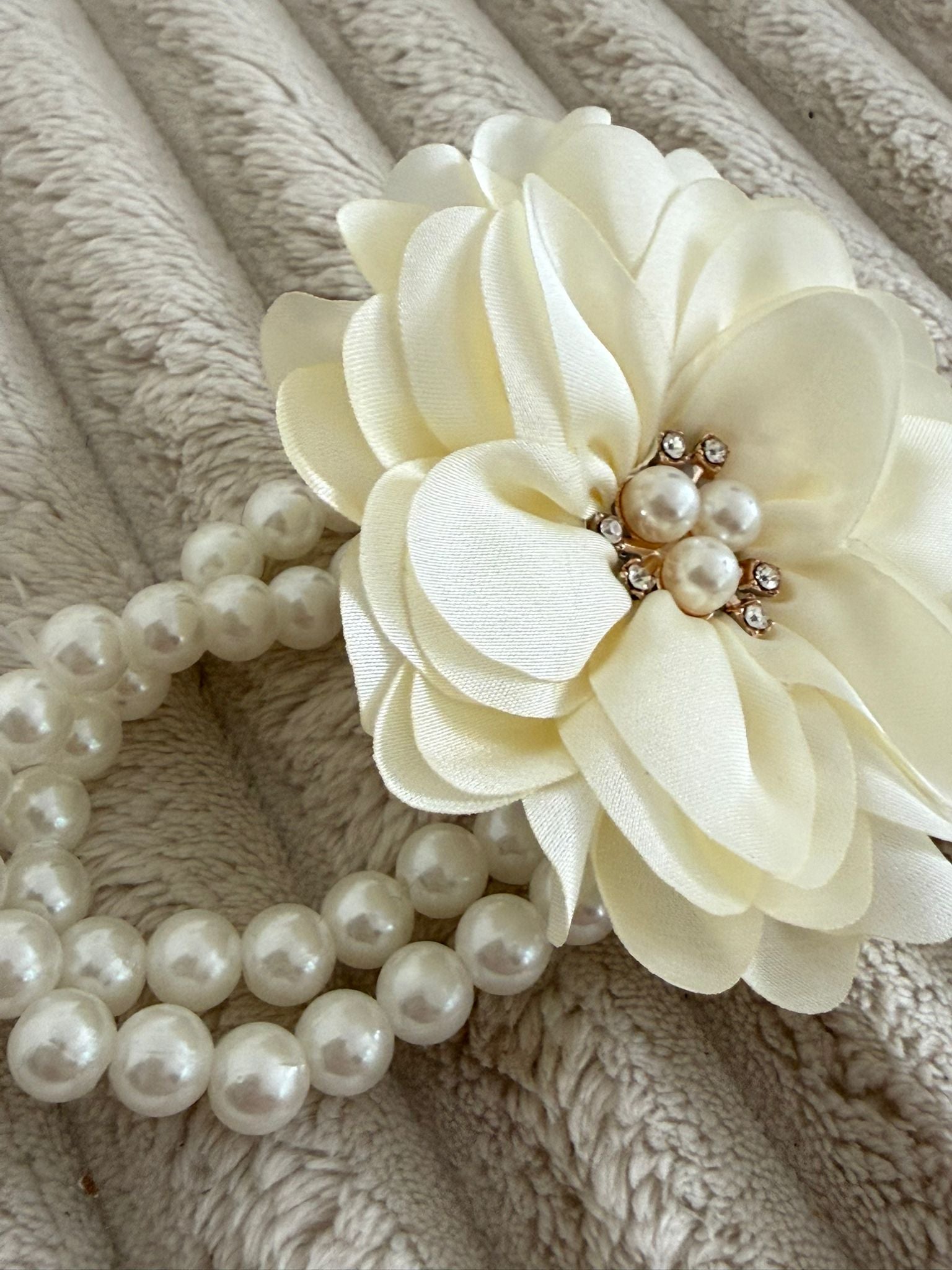 Ivory Flower Wrist Corsage with Pearl Band